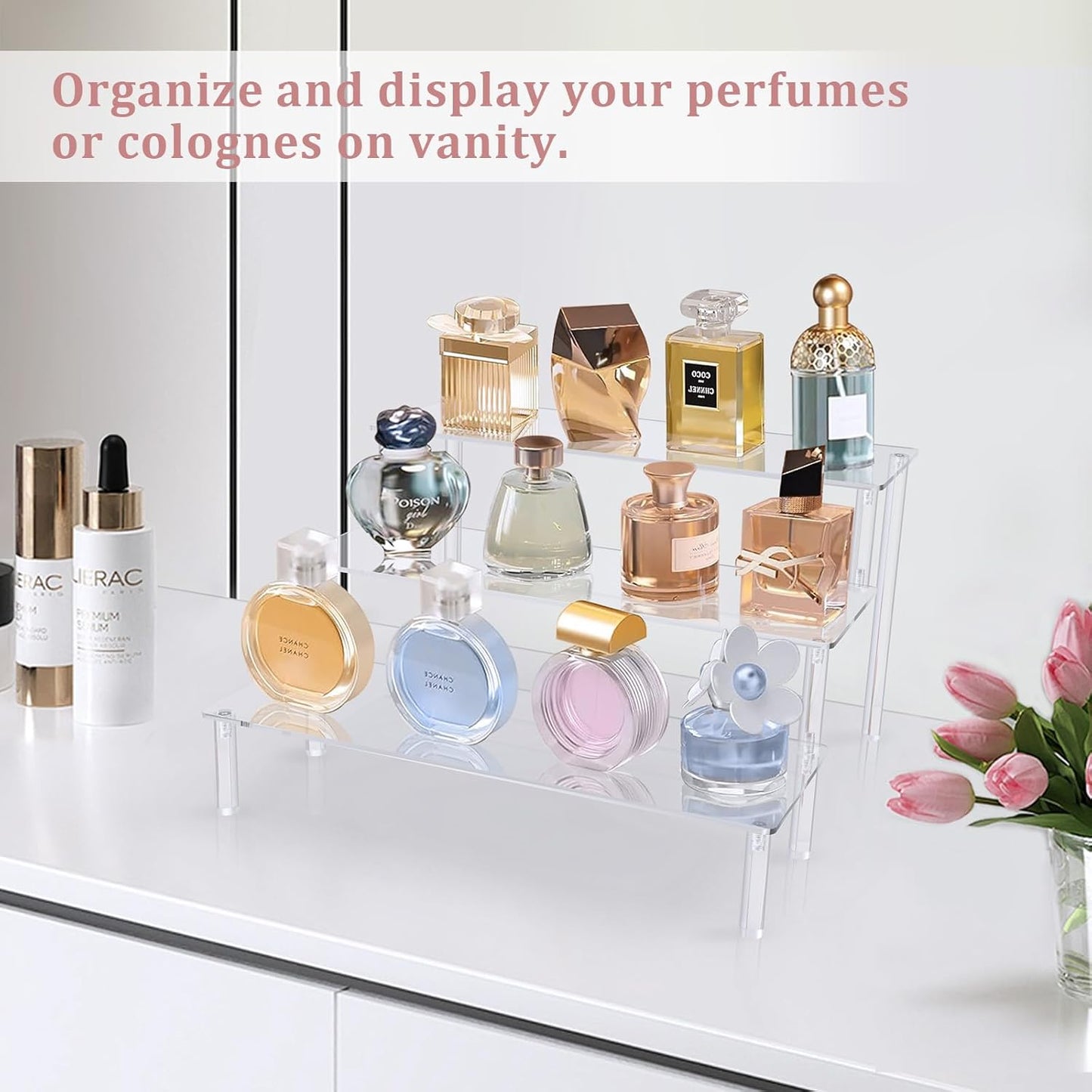 AZEAM Acrylic Riser,Clear Display Risers Stand Perfume Organizer Cologne Acrylic Shelves 3 Tiered Cupcake Shelf for Amiibo Funko POP Figures Food Desserts Holder Collection Cosmetic Vendor Product