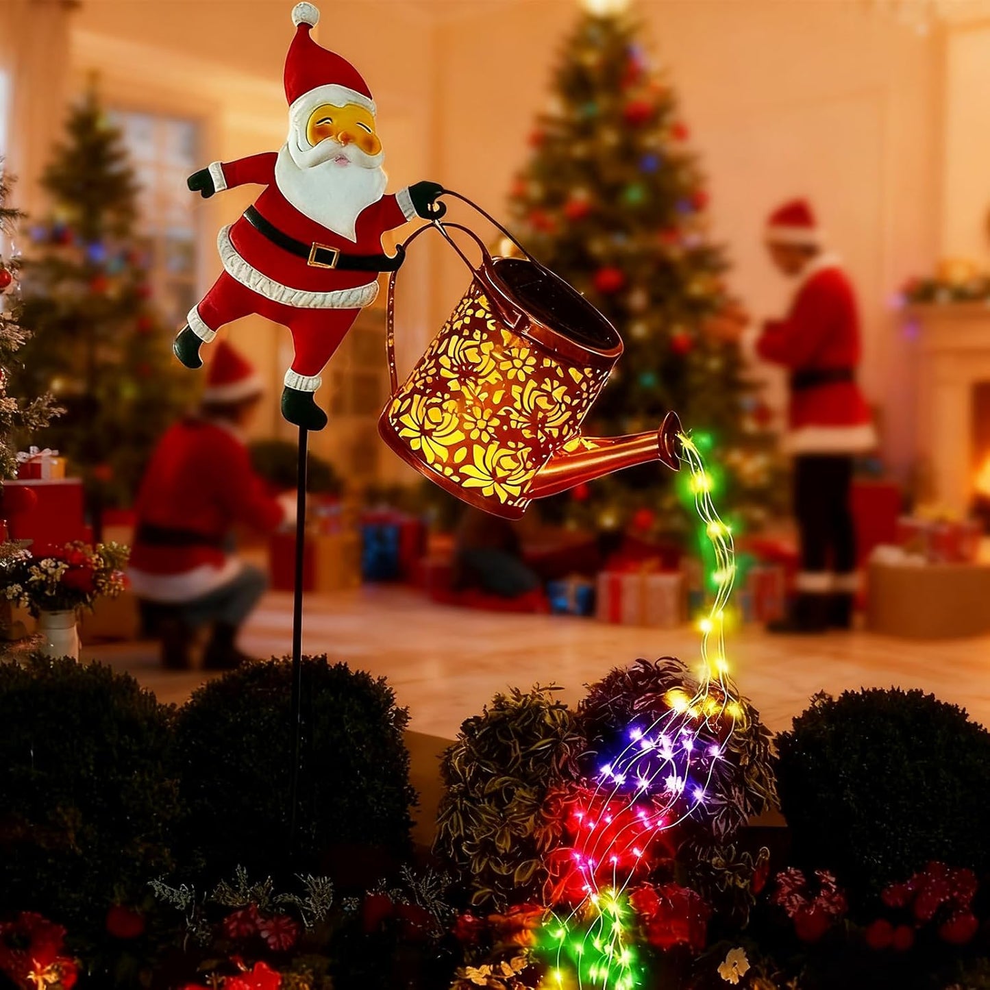 Christmas Solar Kettle Lights Garden Lawn Decorative Lights, Garden Christmas Lights Santa Claus Watering Can Lantern with Led Light Outdoor Waterproof Solar Lantern (A-Multicolor, One Size)