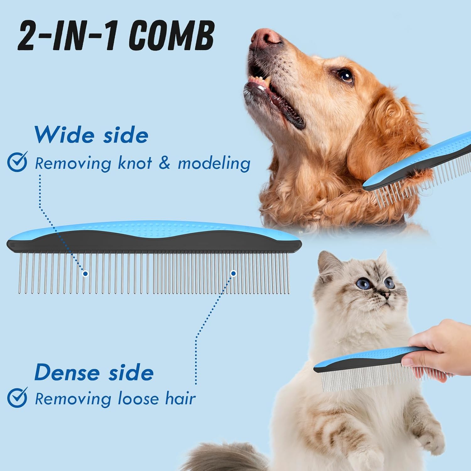 Pet Grooming Combo - Blue Deshedding Brush with Metal Comb for Detangl