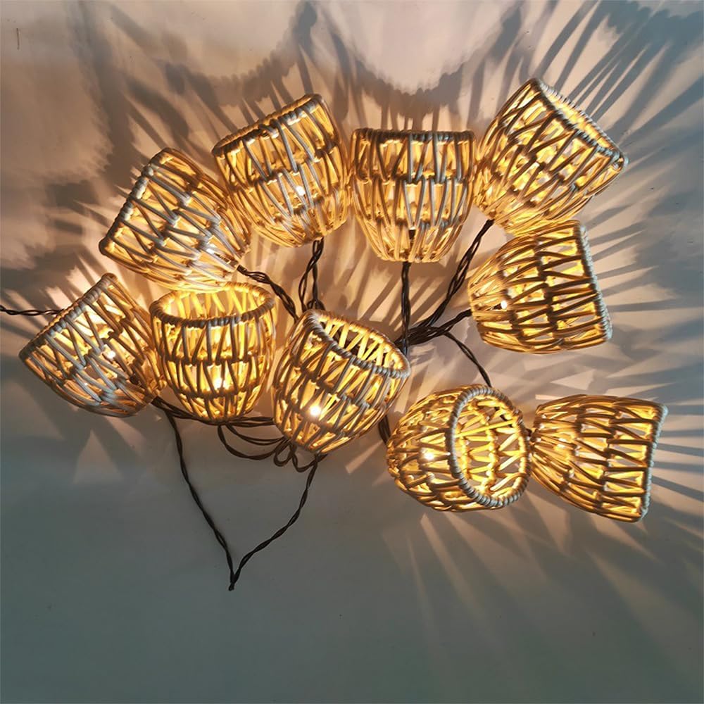 Solar Powered Paper Rattan String Lights Outdoor & Indoor, Waterproof Solar String Lights with Battery Box, PE Imitation Rattan Garden Lights, Eco-Friendly Patio Balcony Yard Pathway 10-Light Set