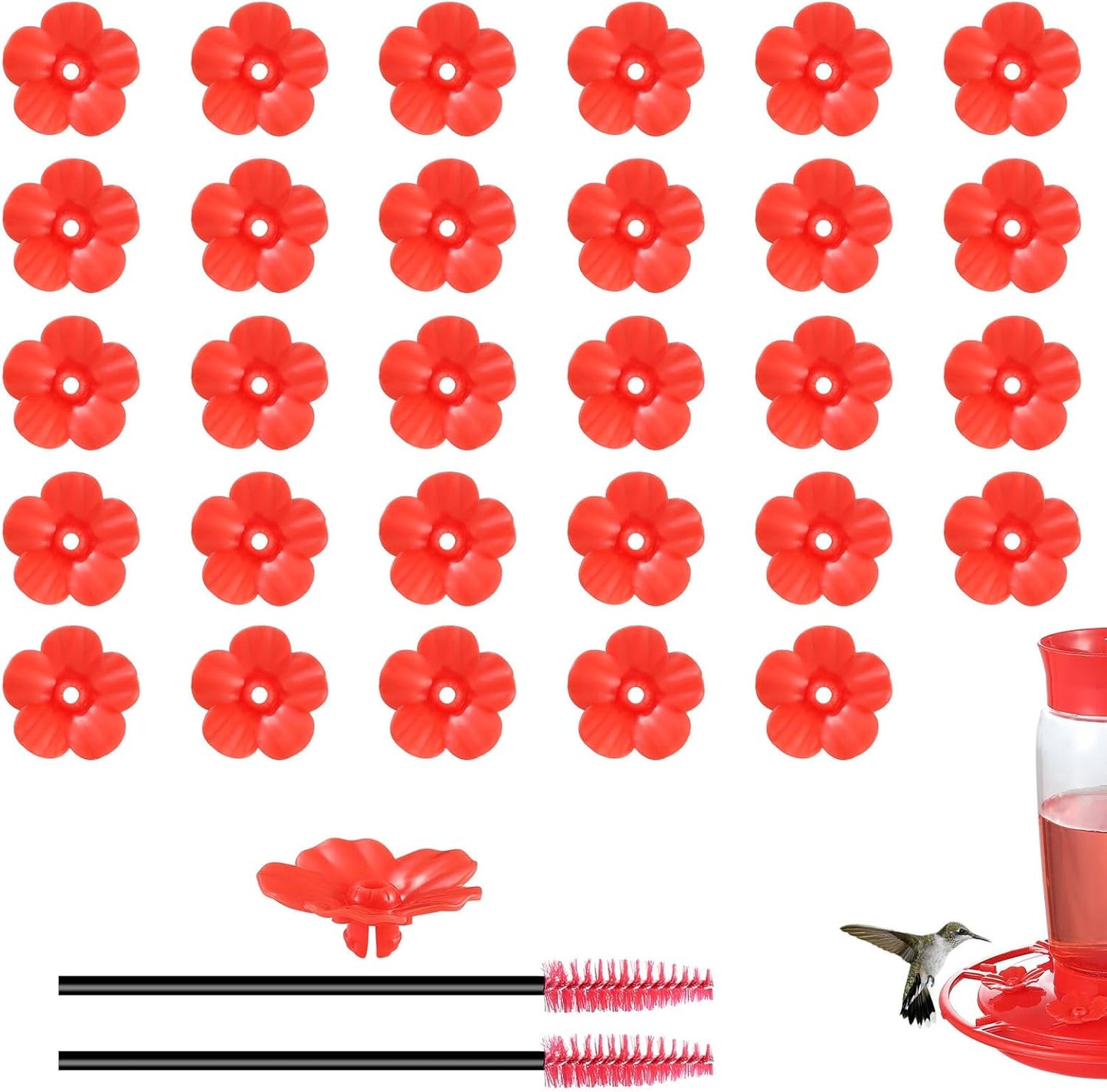 30 Hummingbird Feeder Replacement Flowers with 2 Brushes - Fits 0.24"-