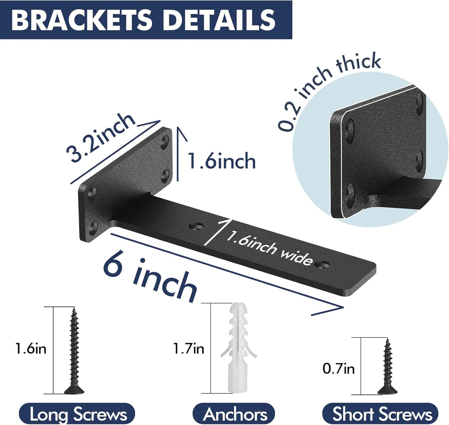 6 Pack Floating Shelf Brackets, 6 Inch Heavy Duty Industrial Shelf Bra