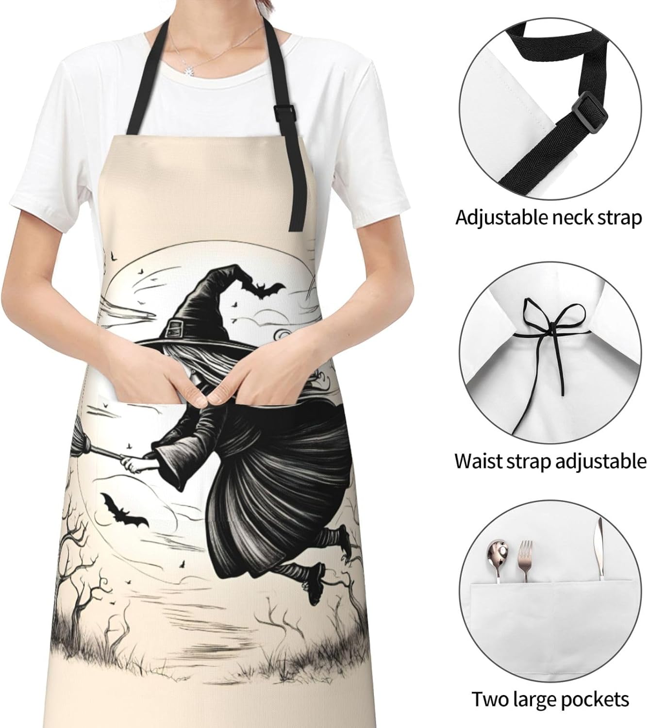 Halloween Witch Flying print Waterproof chef's apron with pocket apron for kitchen cooking baking barbecue and gardening