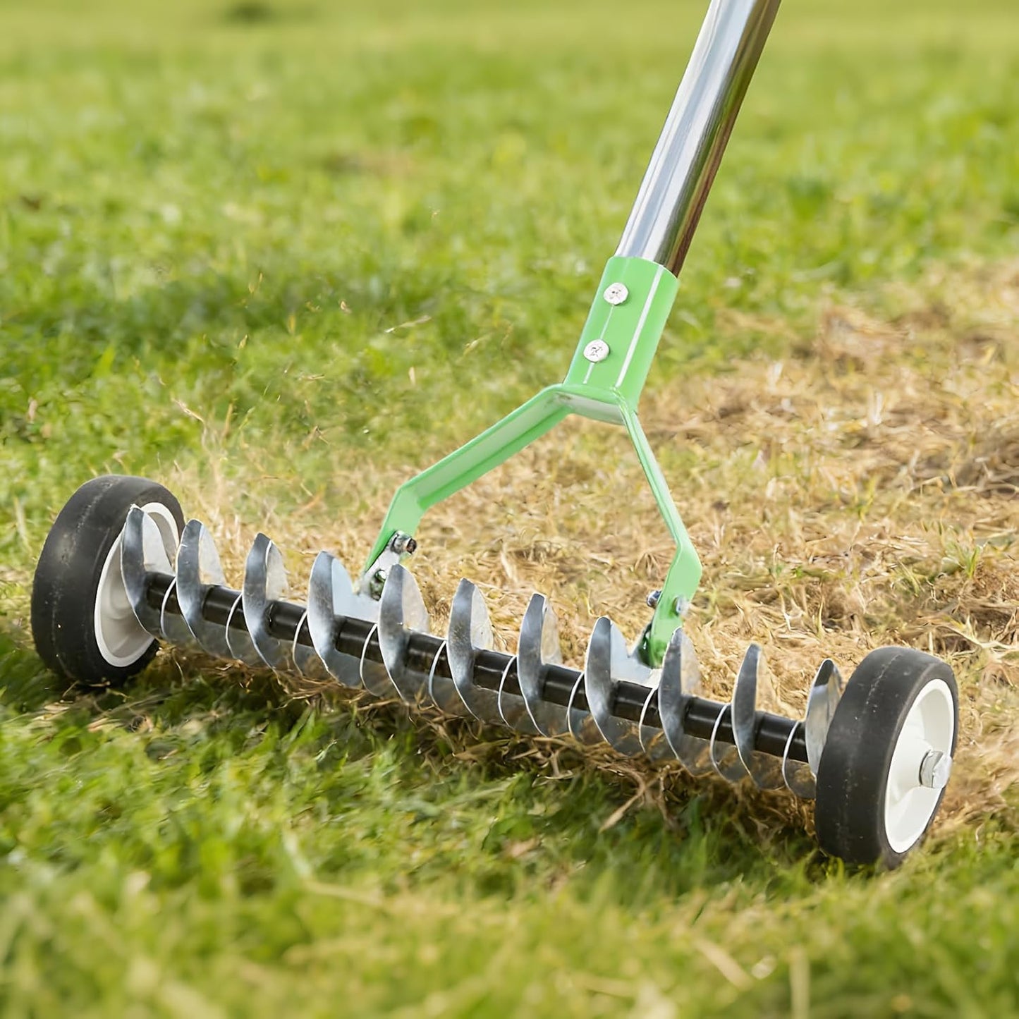 Adjustable Lawn Thatch Rake with Wheels - Comes with Protective Garden