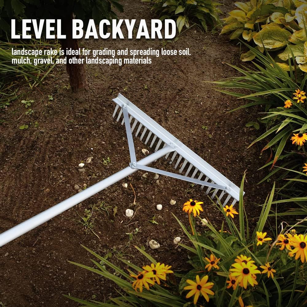Colwelt Landscape Rake - 24Tines, Aluminum Head with 68" Handle, 24" W