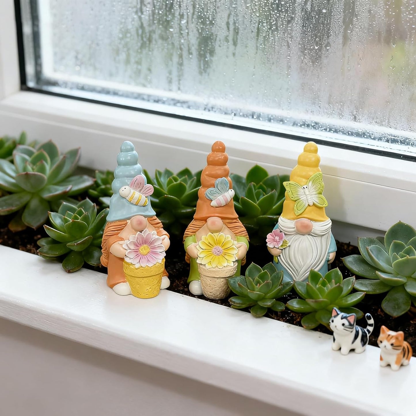 Set of 3 Garden Gnomes with Flower | Spring Decorations for Home, Indo