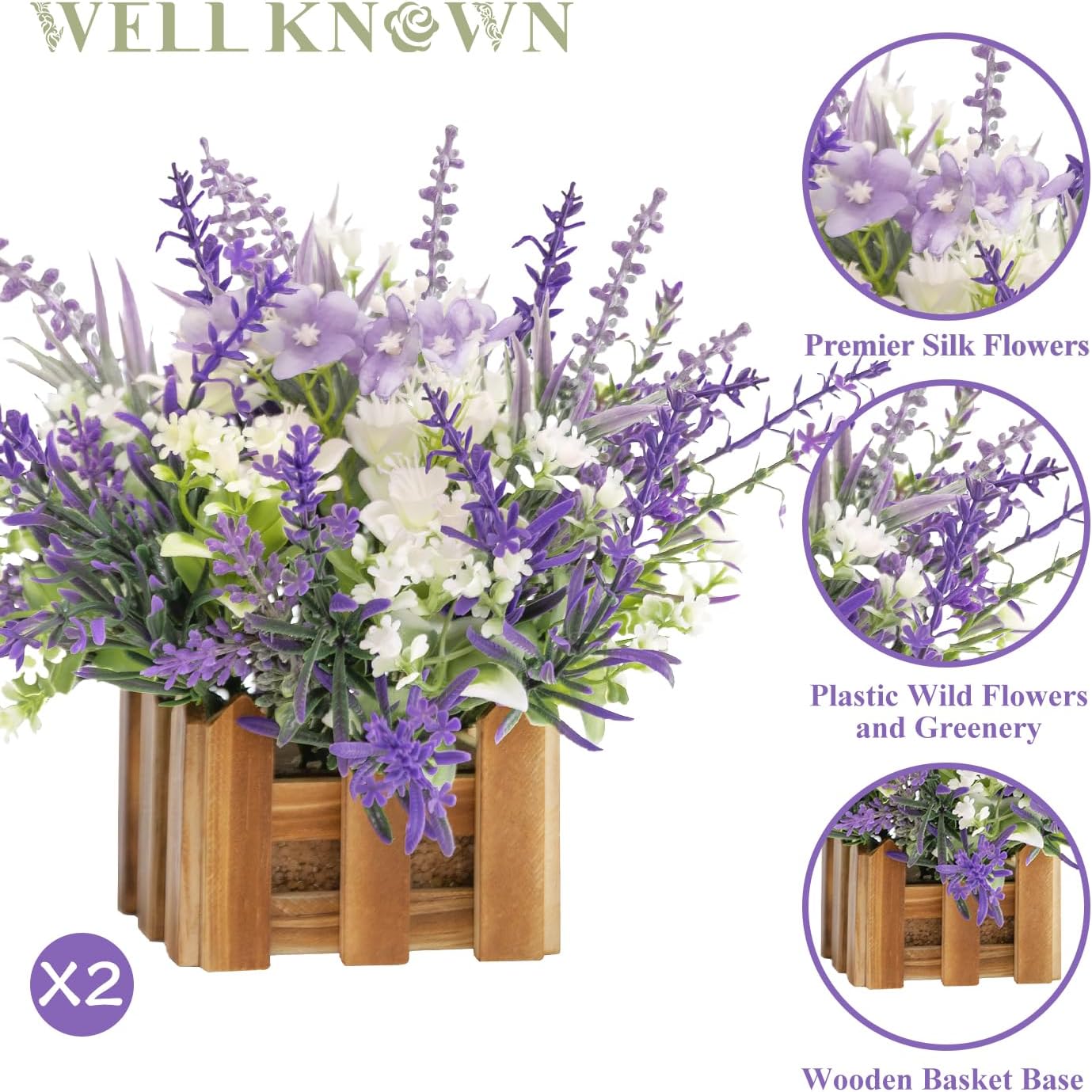WELL KNOWN Artificial Lavender Plants in Wooden Baskets, Artificial Mini White Flower Arrangement in Planter for Home Hotel Office Table Wedding Centerpieces & Gift(Set of 2)