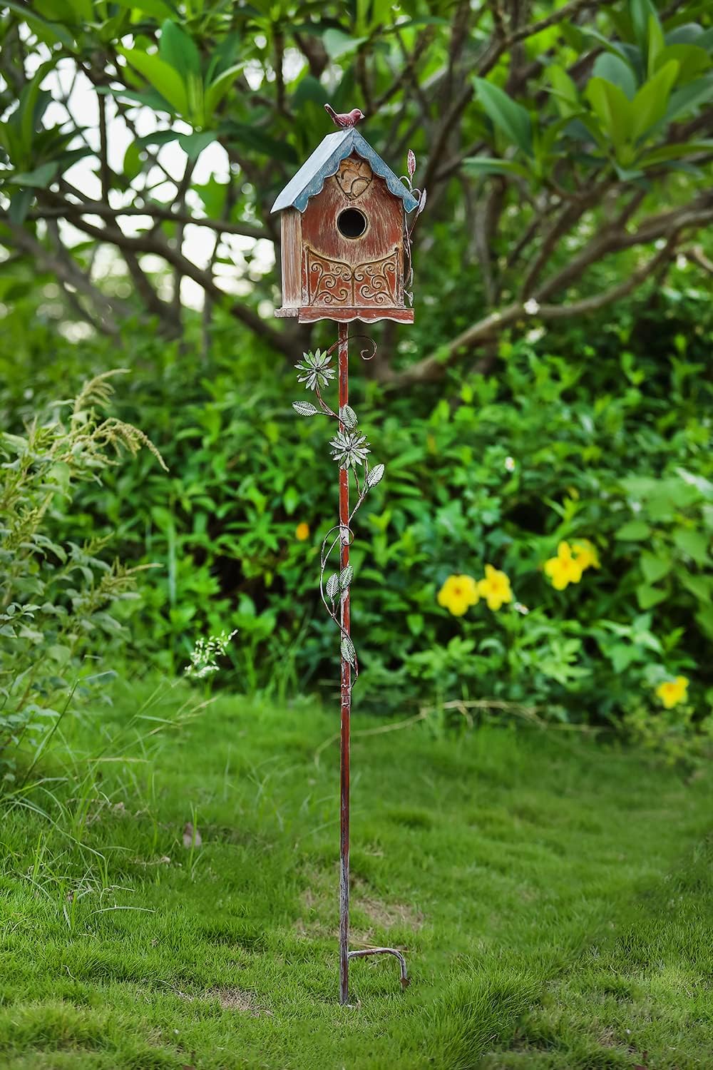 Baroque Cottage Bird House Stake for Outside with Pole, Distressed Metal Birdhouse Stand for Outdoor Garden,Purple