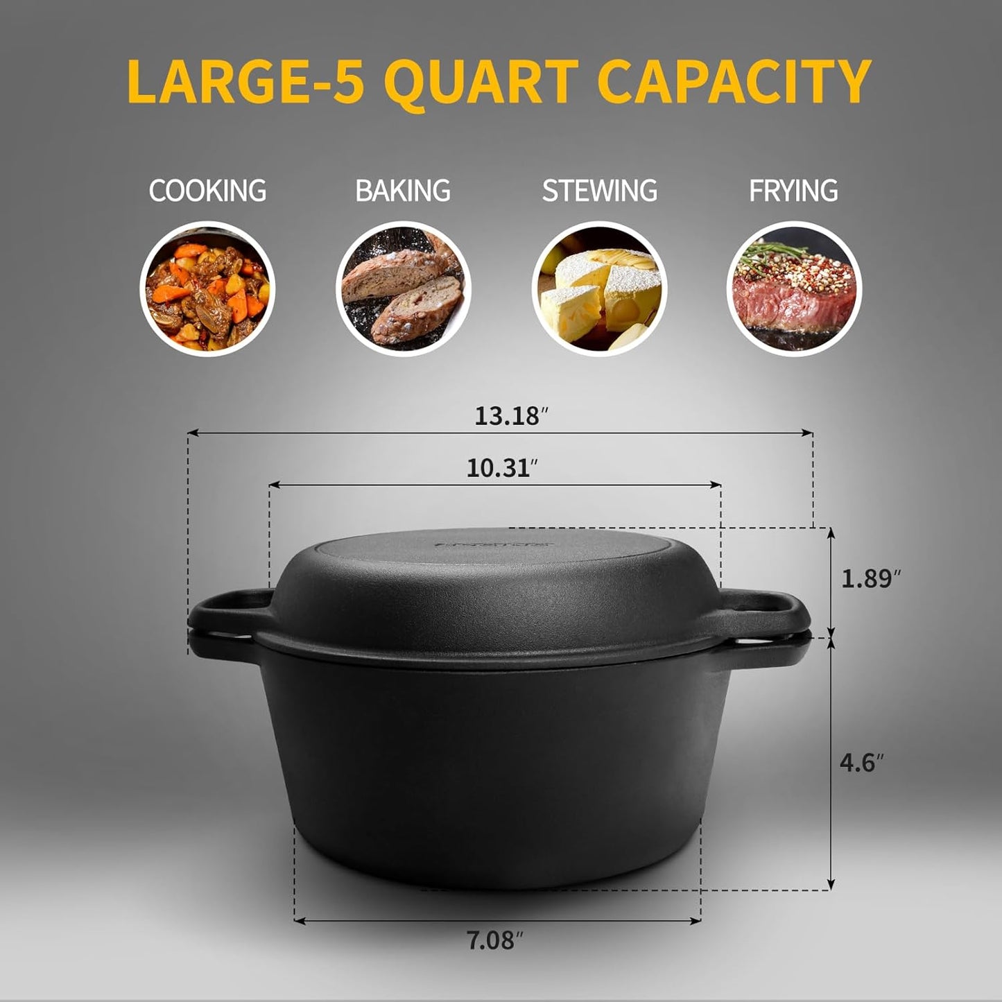 2-in-1 Pre-Seasoned Cast Iron Dutch Oven Pot with Skillet Lid Cooking 