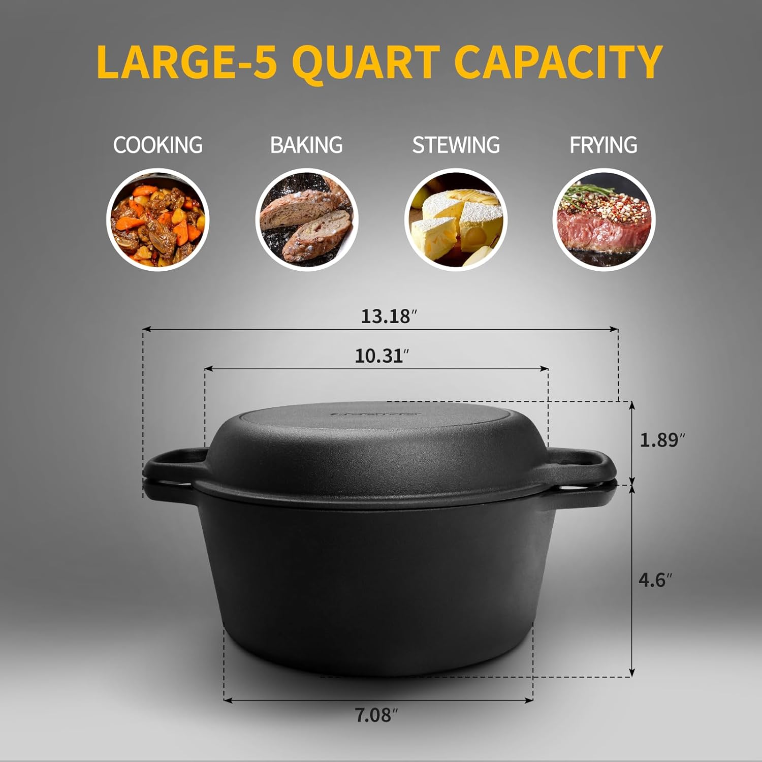 2-in-1 Pre-Seasoned Cast Iron Dutch Oven Pot with Skillet Lid Cooking 