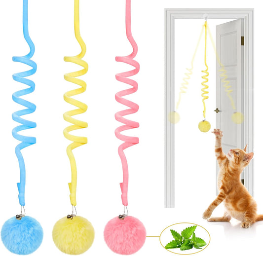 Potaroma Hanging Fluffy Cat Catnip Ball Toys 3 Pcs with Bell, Interact