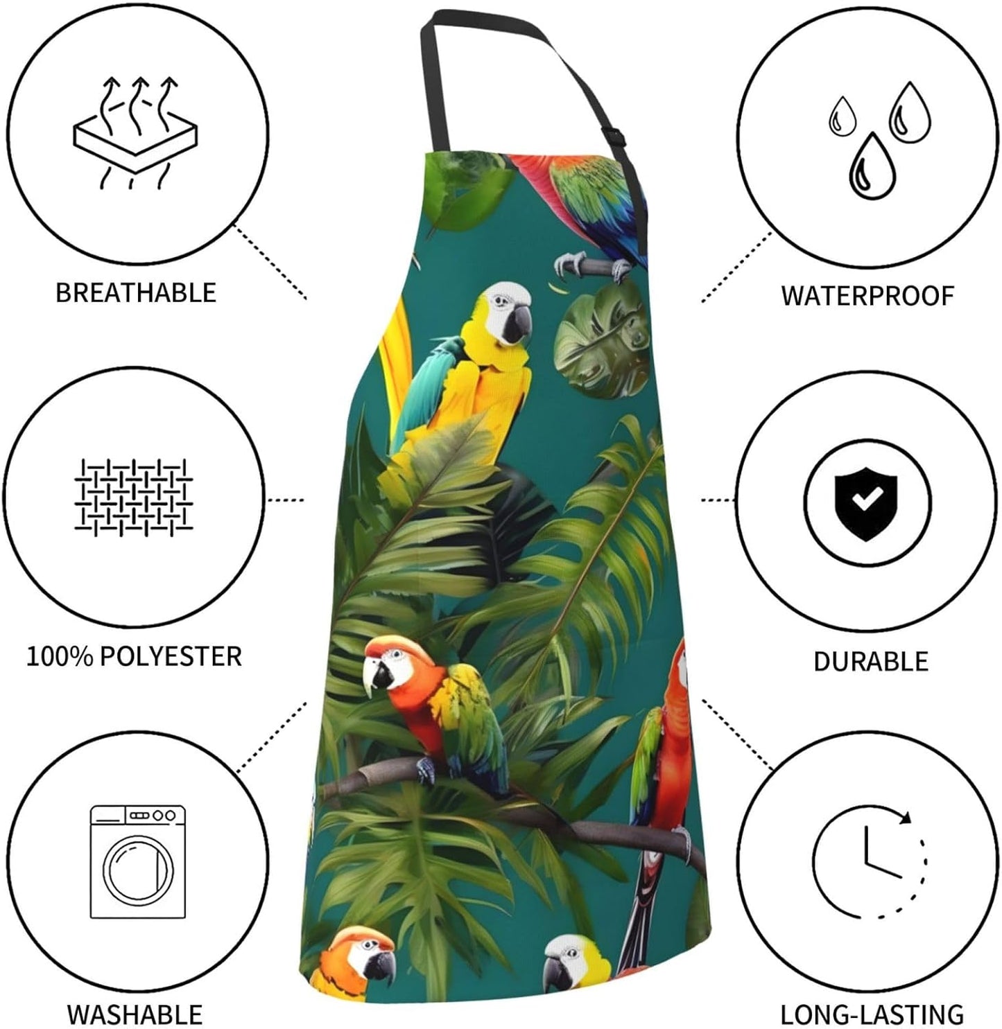 Tropical plants and parrots print Waterproof apron with pocket adjustable cooking apron for adult kitchen bibs to bake