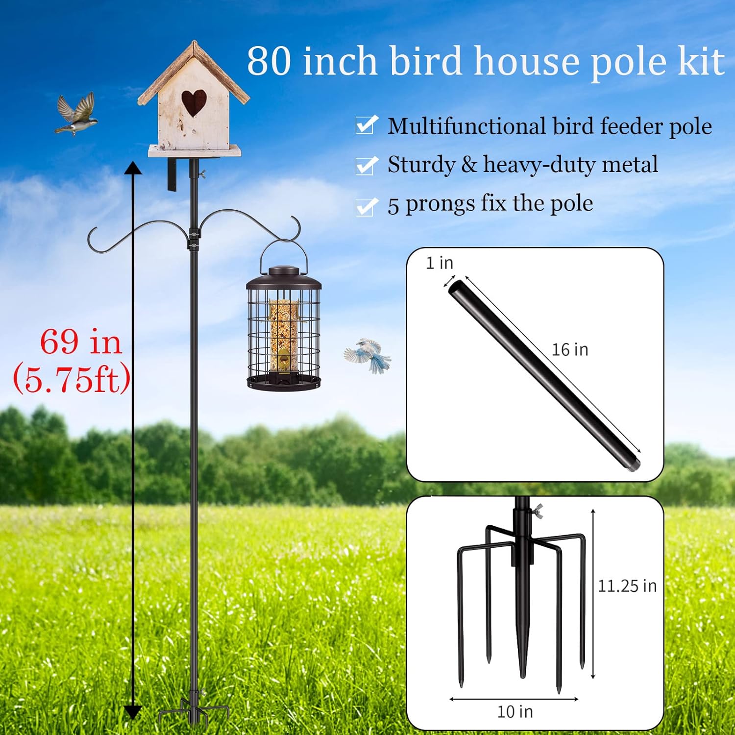 Bird House Pole Kit 80inch - Universal Metal Bird Feeders Pole Mount S