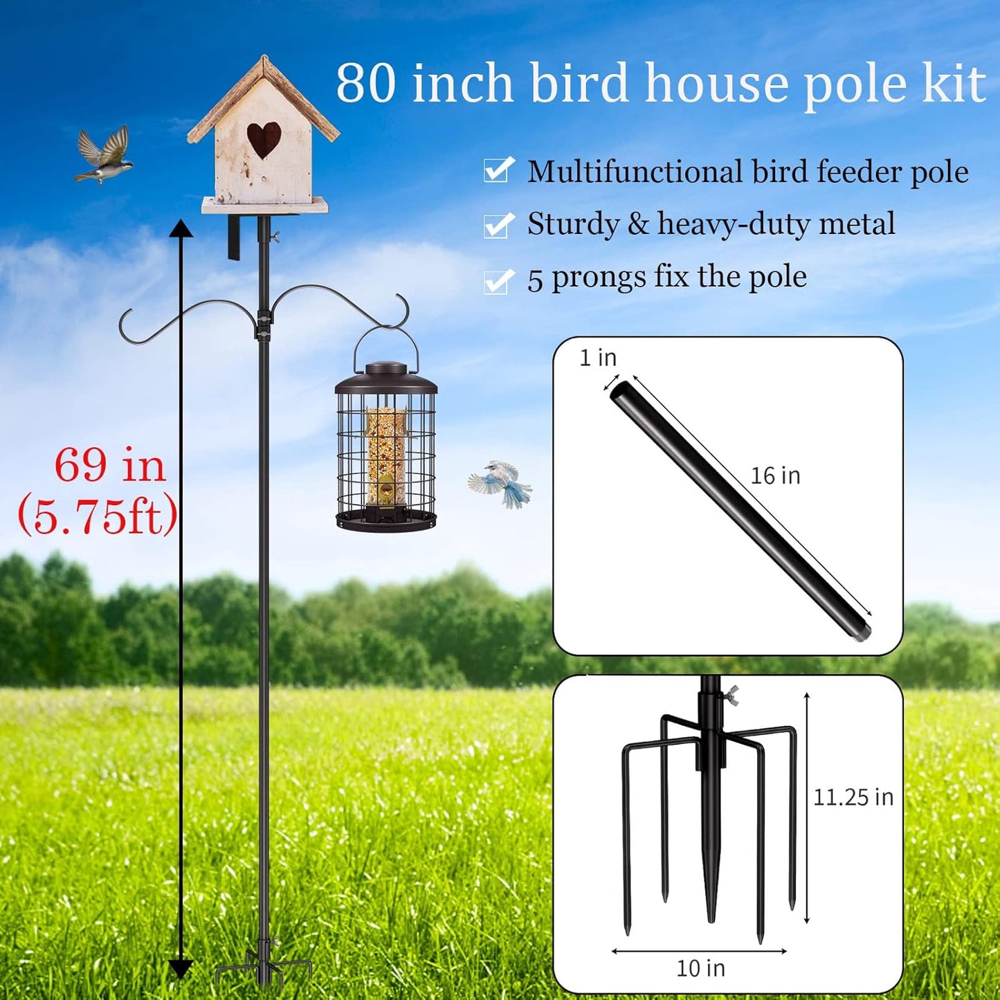 Bird House Pole Kit 80inch - Universal Metal Bird Feeders Pole Mount Set with 5-Prongs Base and 2 Hanging Arms, Feeding Station for Watching, Plant Hanger