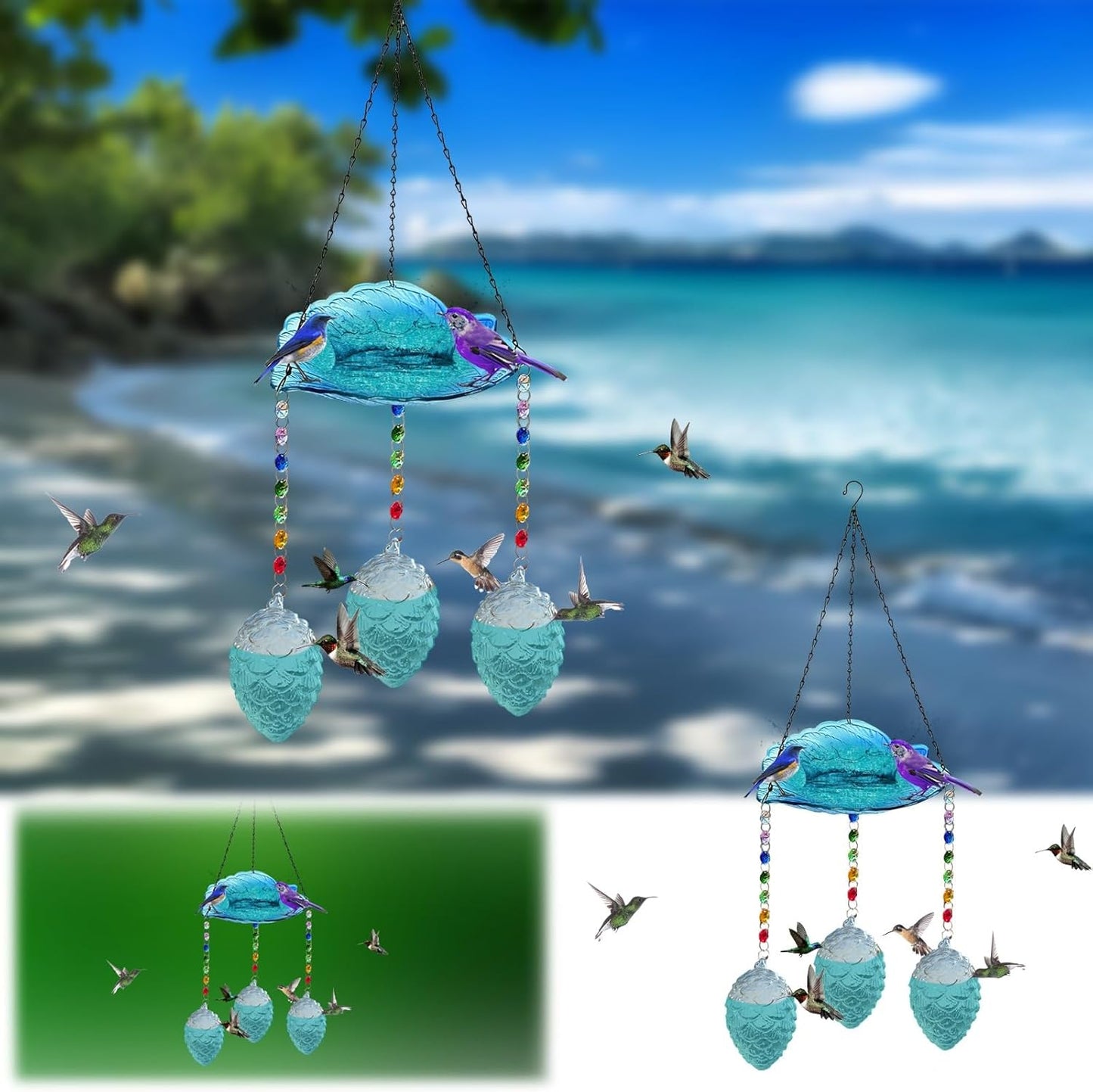 Hummingbird Feeders for Outdoors, Birdbath Bowl, Hanging Solar Bird Bath Fountains with 4 Blue Feeder Pots,Bird Bath Bowl for Garden Backyard Decor