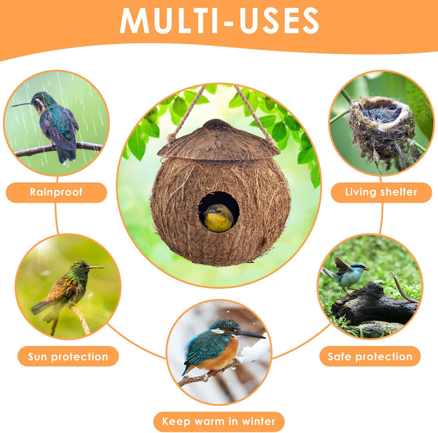 KATUMO Hummingbird Houses, Natural Coconut Bird Houses for Outside Han