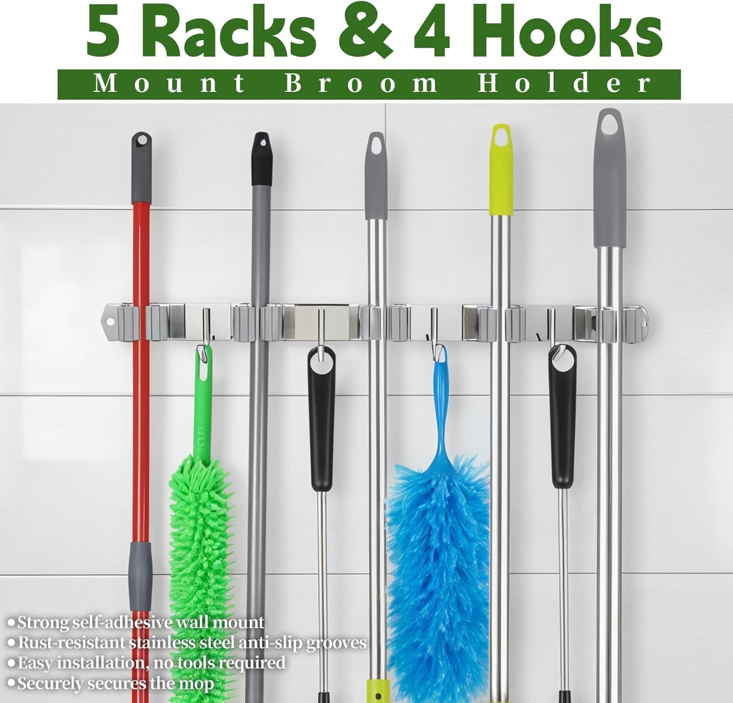 2 Pack Wall Mount Broom Holder, Self Adhesive 5 Racks and 4 Hooks Mop and Broom Organizer Storage Tool Racks Stainless Steel Heavy Duty for Home Kitchen Garden Laundry Garage