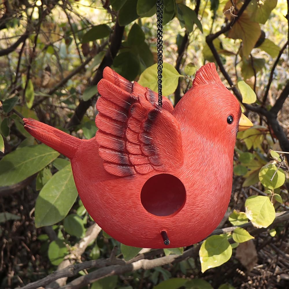 Bird House for Outside, Hanging Handcrafted Cardinal Resin Outdoor birdhouses Humming Bird, Bluebird, Wren, Camper Hanging Houses nest cage (Red, Large)