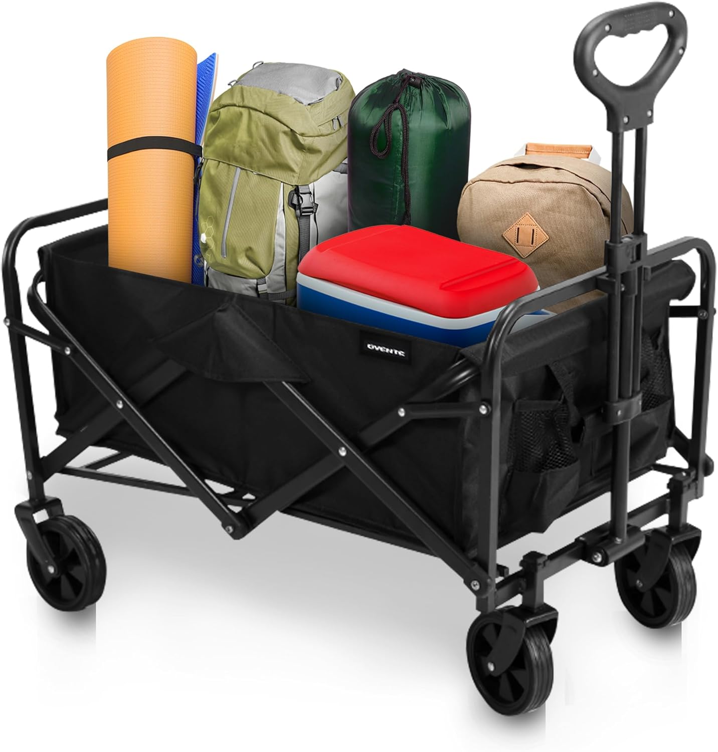 OVENTE Collapsible Foldable Wagon with 220lbs Weight Capacity, Heavy Duty Fabric and Metal Frame, Portable Folding Utility Cart for Grocery Shopping, Outdoor Sports, Beach and Camping, Black WFU011B