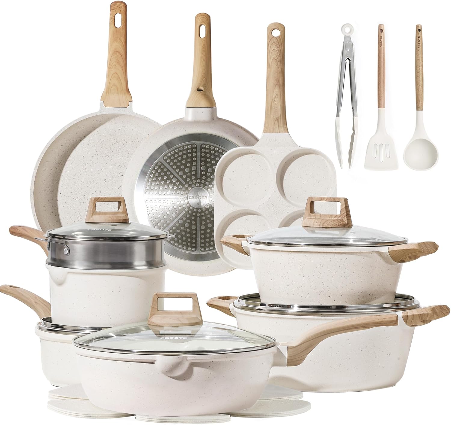 CAROTE 21Pcs Pots and Pans Set, Nonstick Cookware Sets, White Granite 