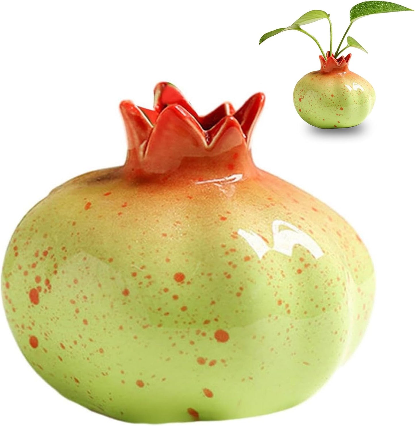 Cute Ceramic Fruit Vase, Ceramic Pomegranate Hydroponics Plants Vase, Handcrafted Small Planter Pot, Dried Flowers vase Container, Green 4.1'' x 3.5''