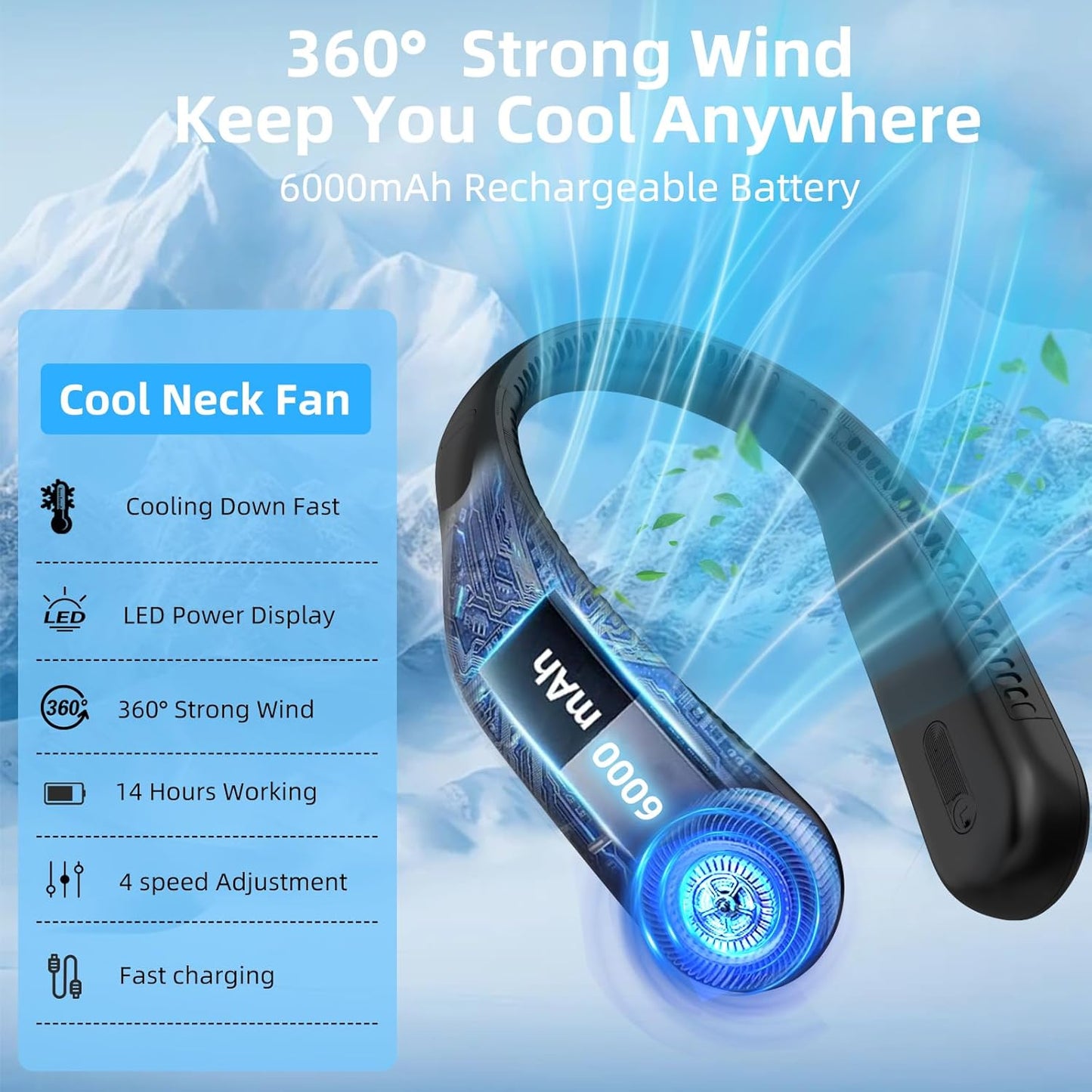 Portable Neck Fan,Hands Free Personal Wearable Bladeless Fan,6000mAh U
