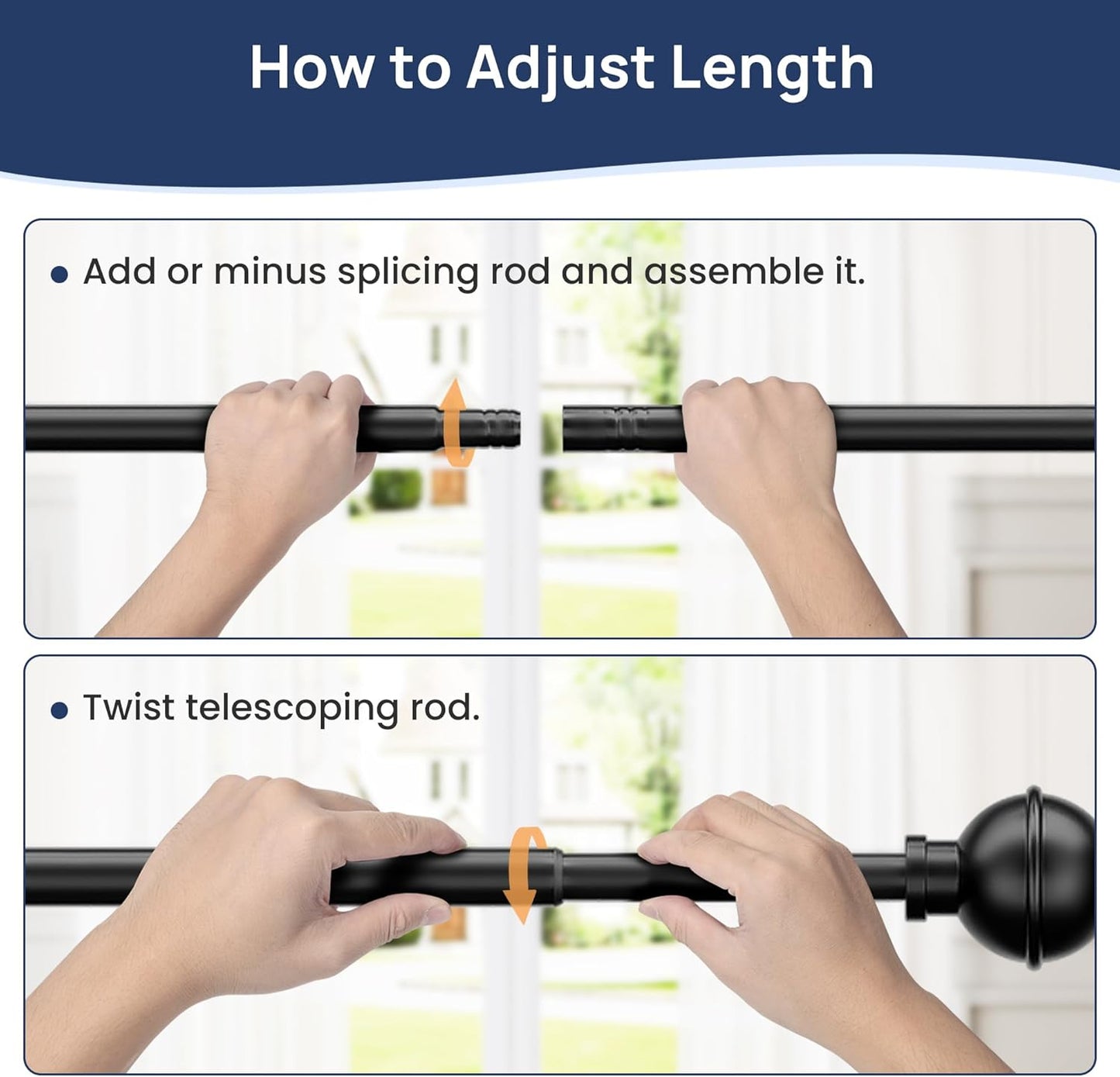 ENJOYBASICS 2 Pack No Drill Curtain Rods for Window 28 to 48 Inches, 5/8 Inch Diameter Renter Friendly Drapery Rod with Adhesive Brackets without Drilling, Adjustable from 27 to 52 Inches, Black
