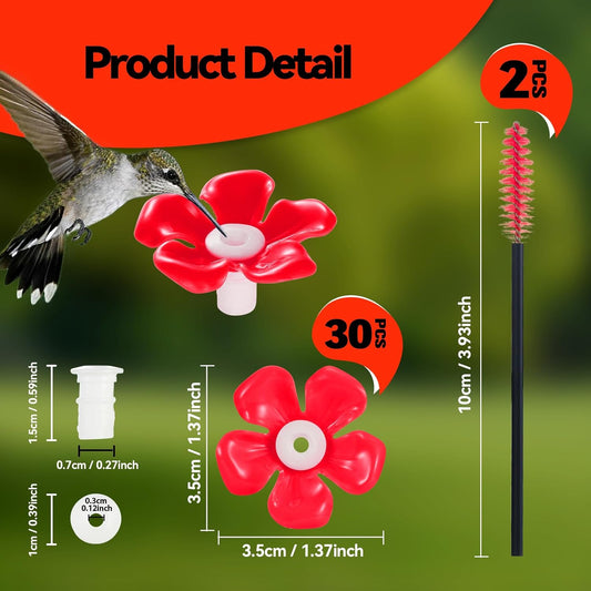 30 Pack Hummingbird Feeder Replacement Flowers, Bee-Proof Plastic Red 