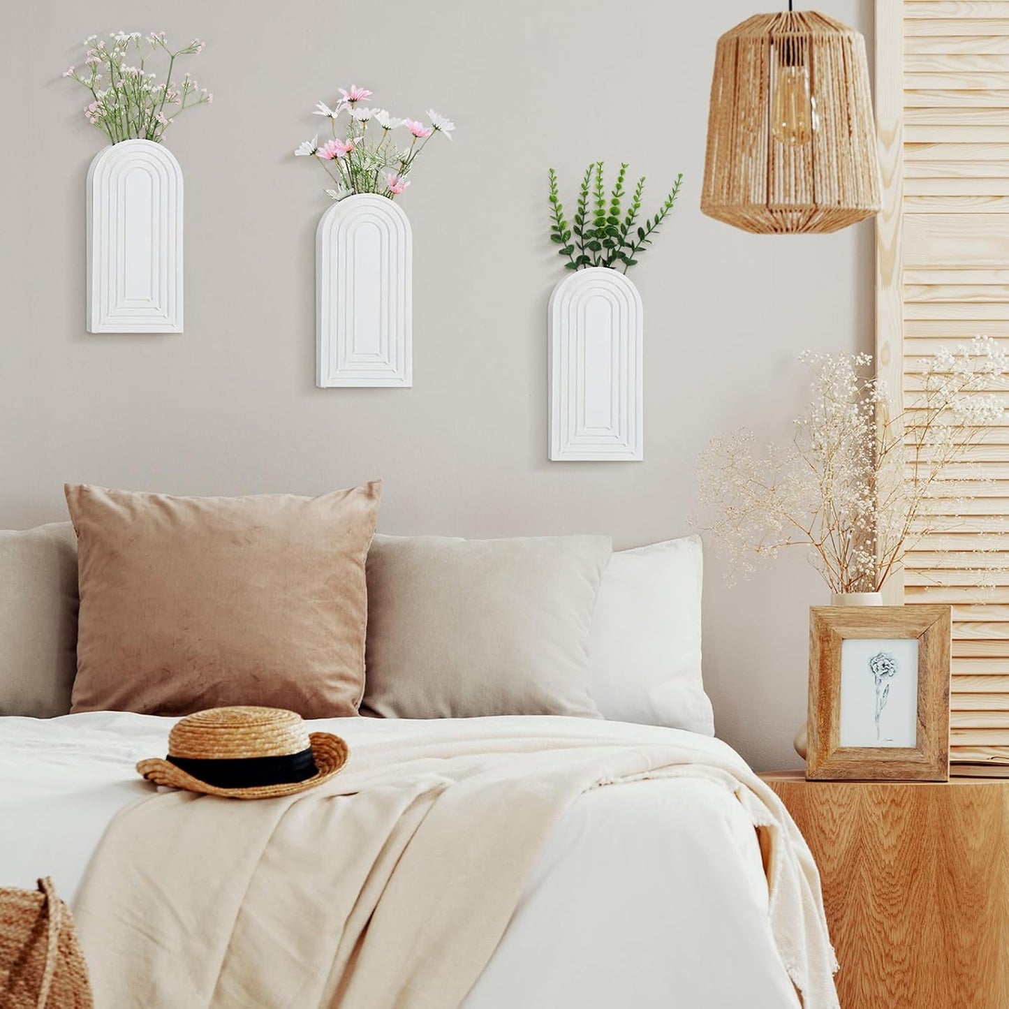 3 Pcs Wooden Wall Planter for Indoor Plants White Hanging Planter for Dried Flowers and Artificial Greenery Plants Farmhouse Wall Pocket Vase Decor for Bedroom Living Room Bathroom