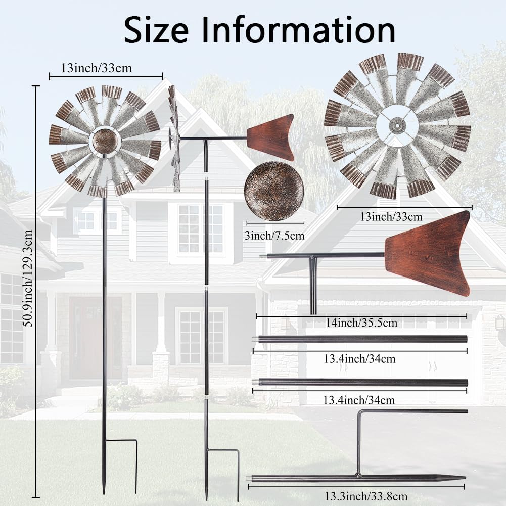 Wind Spinners Outdoor，Metal Vintage Style Single Sided Silver Windmill