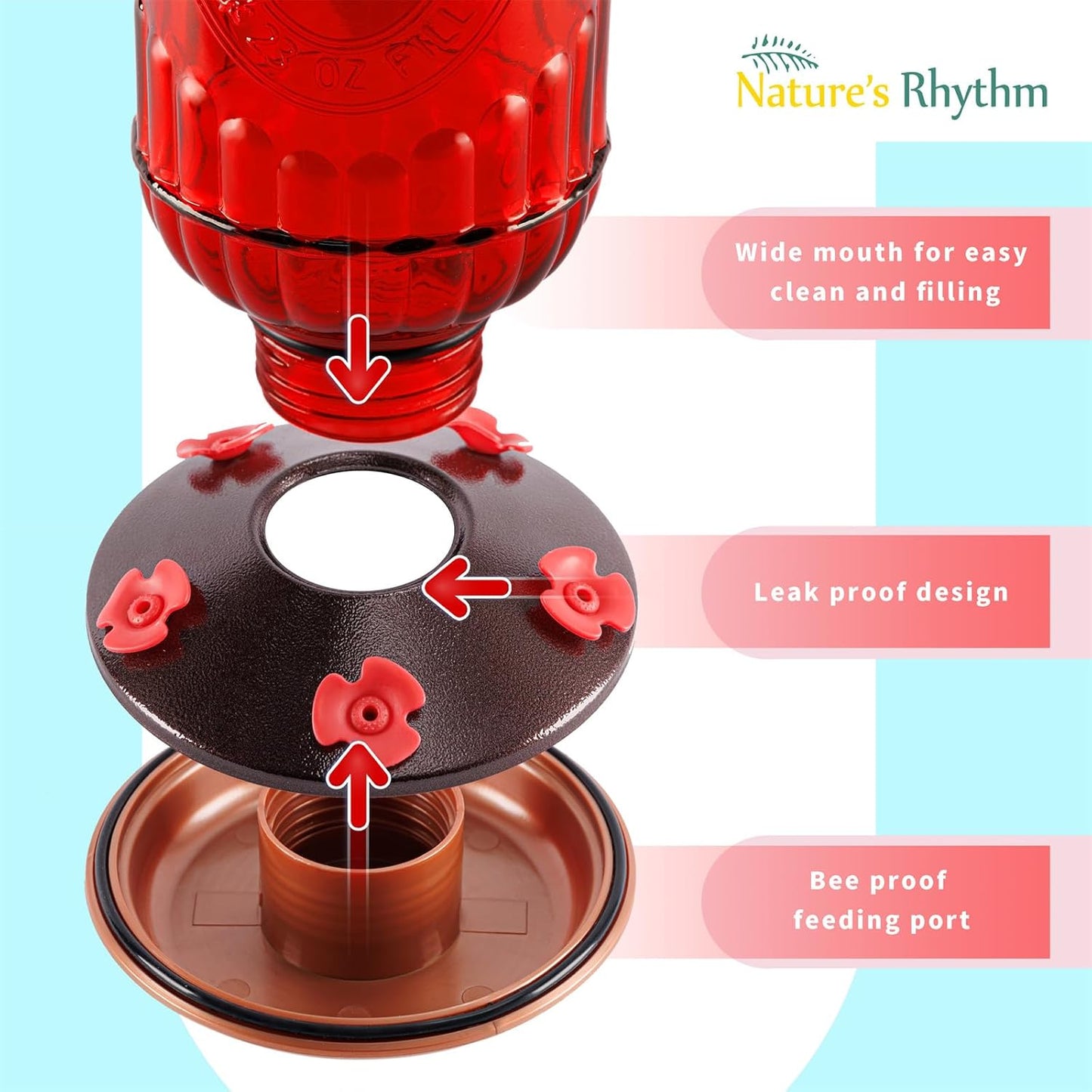 Nature's Rhythm Bird Feeder Vintage Red Antique Glass Bottle Hummingbird Feeder 5 Feeding Ports and 23-Ounce Nectar Capacity Per Feeder