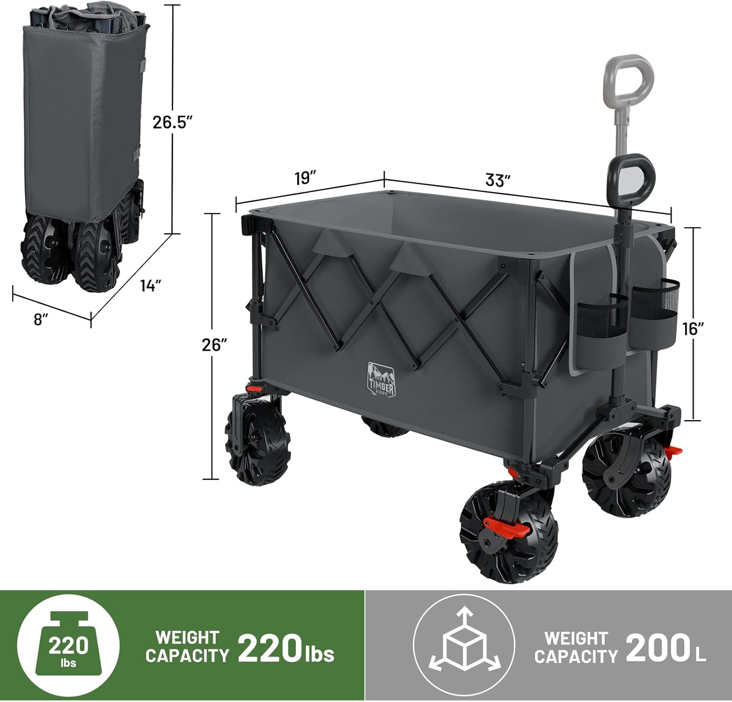 Timber Ridge Outdoor Collapsible Folding Wagon with Brakes and Cup Hol