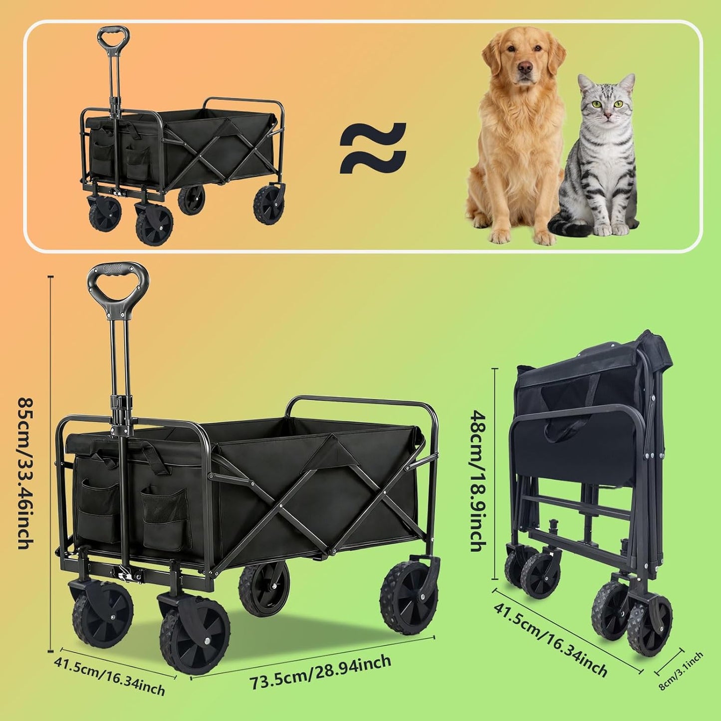 Collapsible Wagon Cart,Large Capacity Foldable Wagon,Cup Holders,with 360° Swivel Wheels, for Camping, Garden, Shopping, Beach