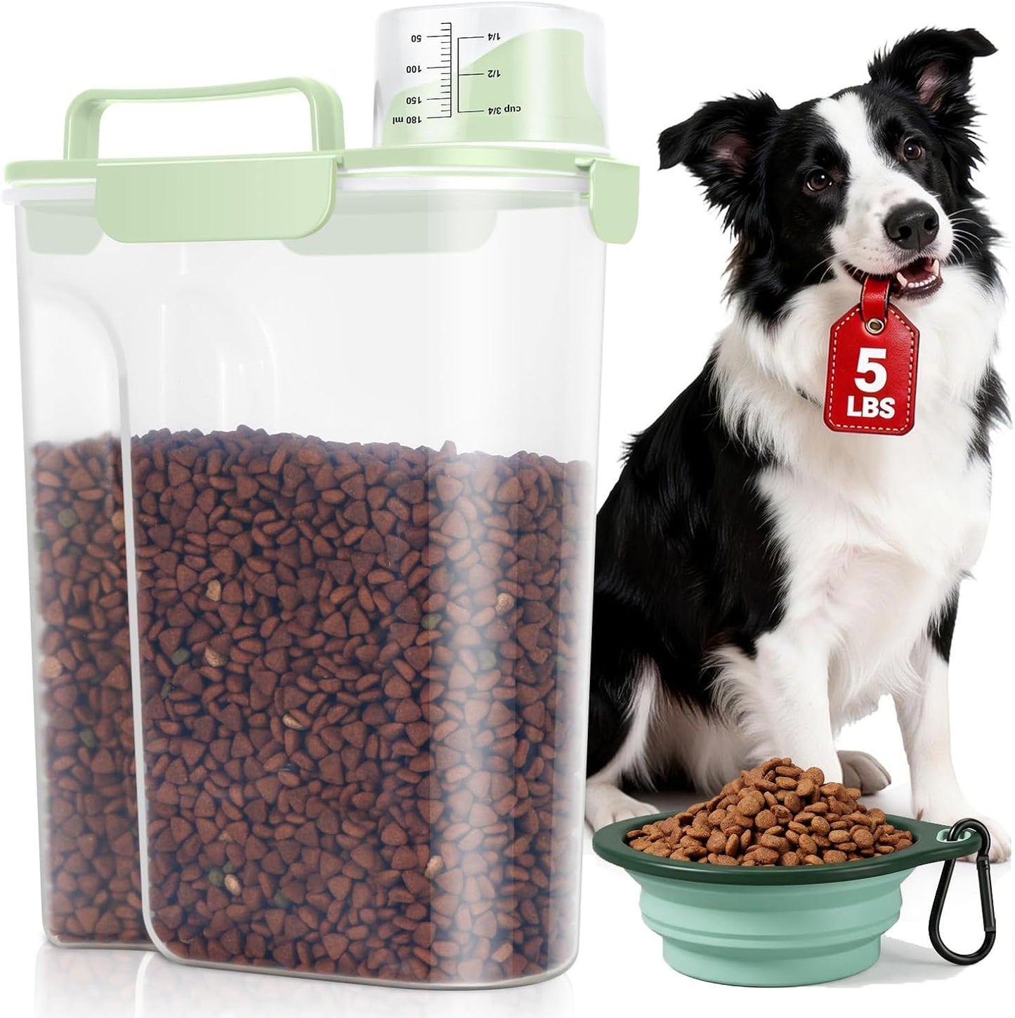 TBMax Travel Dog Food Storage Container 5 lbs with Dog Bowl, Airtight Pet Cat Food Storage Dispenser with Large Spout & Measuring Cup for Kibble Dog Treat Bird Seed Container -Light Green