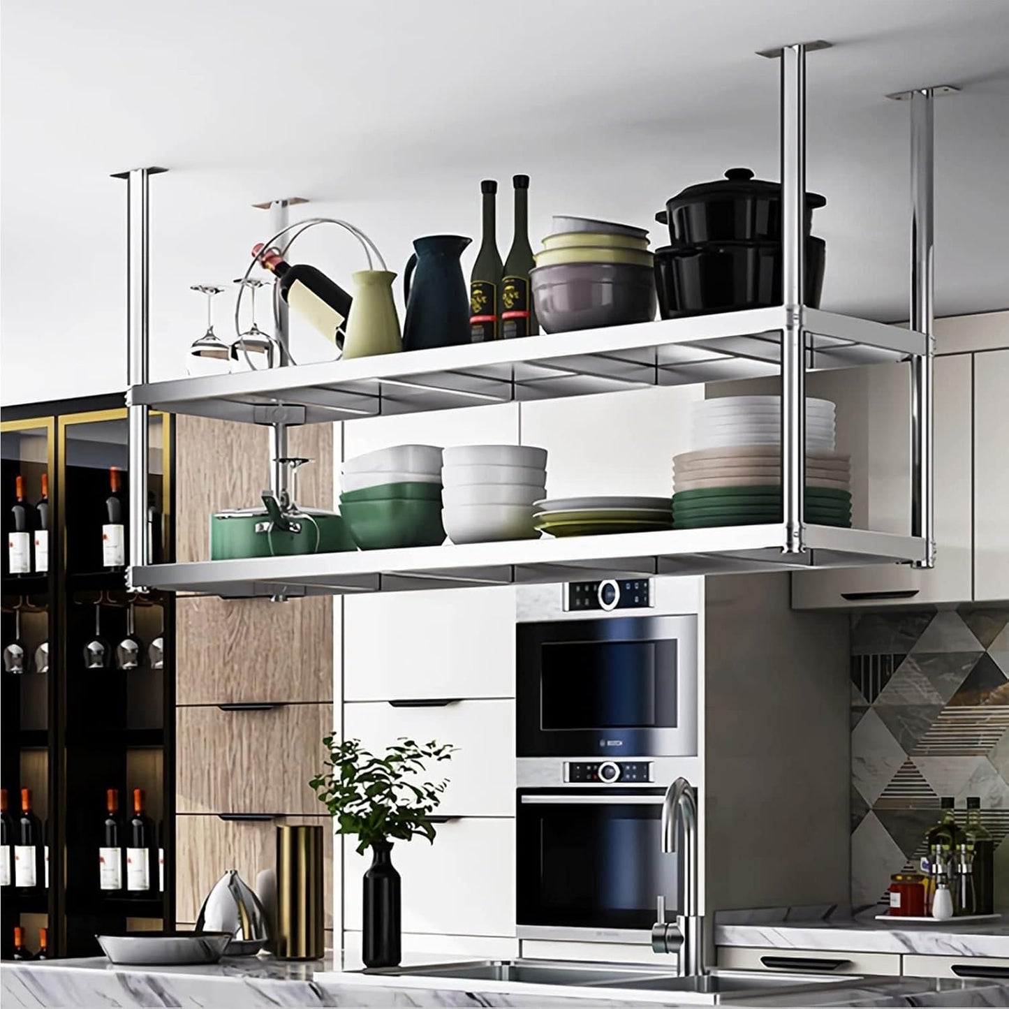 Stainless steel ceiling wine rack, hanging storage rack, minimalist kitchen shelf, outdoor plant stand, 2-tier kitchen shelves, easy to install, can bear 70-90kg (size: 120 * 35 * 80cm)