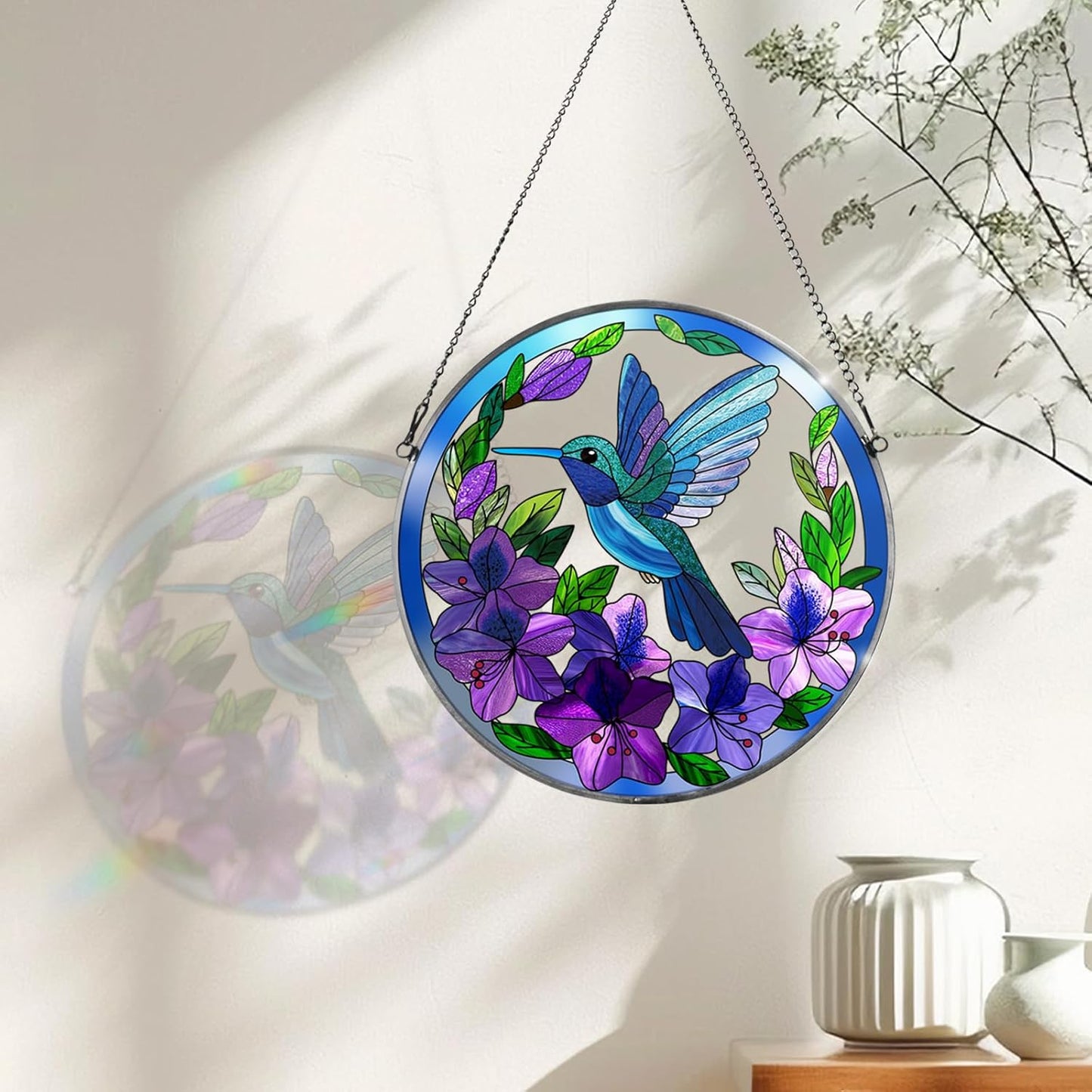 Stained Glass Sun Cather for Window Hanging, Hummingbird Suncatcher with Purple Flowers for Indoor Ornament, Bird Stain Glass Home Decor for Women, Mom, Grandma