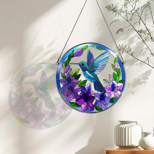 Stained Glass Sun Cather for Window Hanging, Hummingbird Suncatcher with Purple Flowers for Indoor Ornament, Bird Stain Glass Home Decor for Women, Mom, Grandma