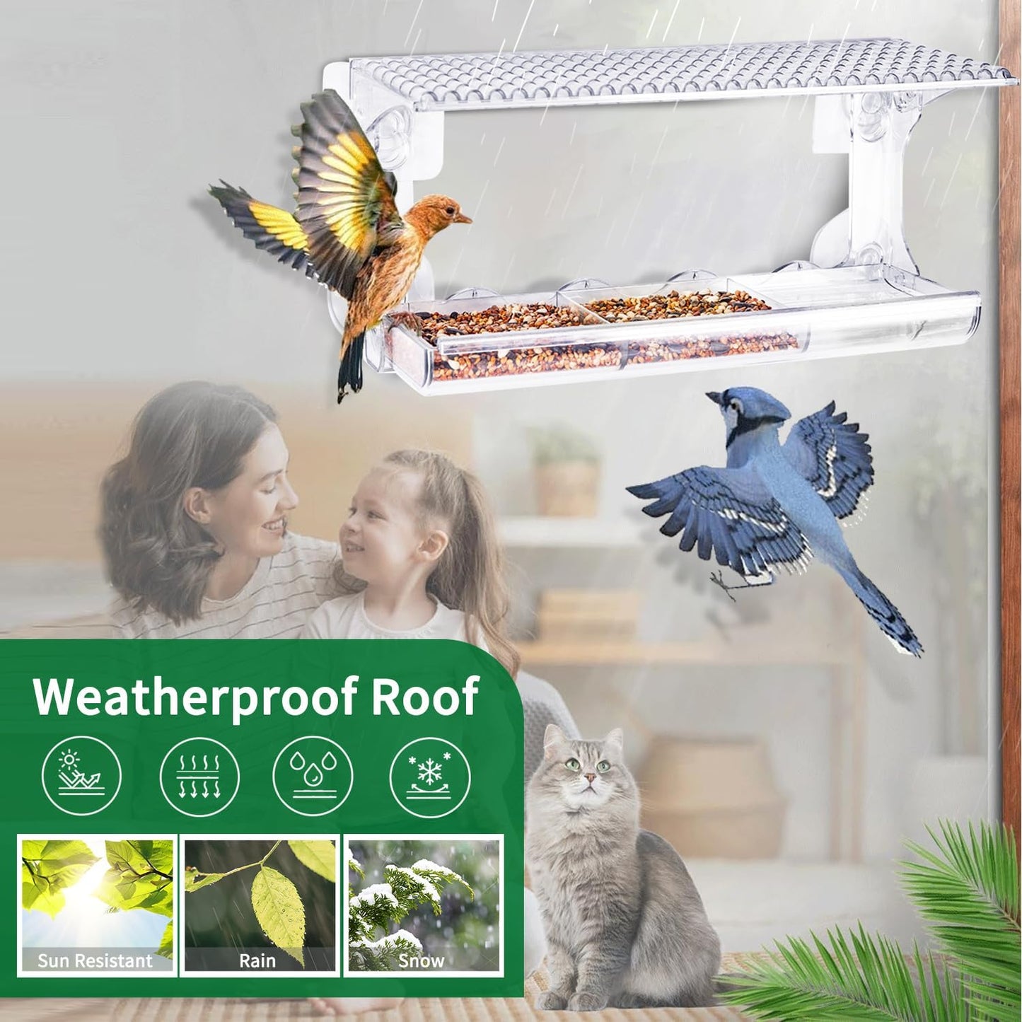Large Window Bird Feeder with Removable Seed & Water Tray, for Wild Birds with Super Strong Sticker Hooks +Suction Cup Plus +Tweezer, Unbreakable Transparent Acrylic Weatherproof