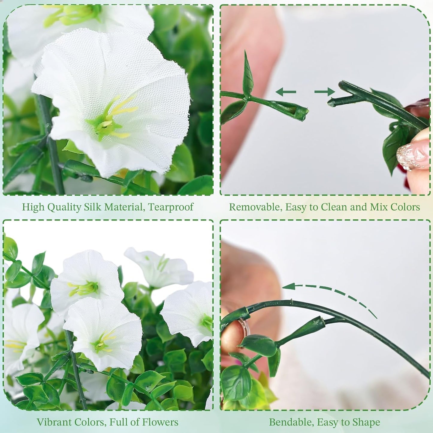 Artificial Hanging Flowers for Outdoors, 6Pcs UV Resistant Faux Silk Morning Glory Flowers, Artificial Fake Plants Trailing Vines for Porch Patio Balcony Yard Garden Farmhouse (White)