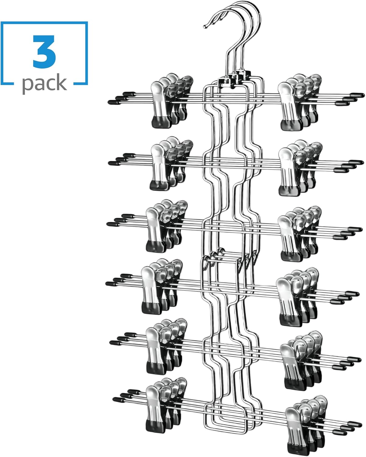 ZOBER 3-Pack 6-Tier Skirt Hangers with Clips - Pants Hangers with Clips Space Saving, Closet Organization, Swivel Hooks, College Dorm Essentials, Skirt Hangers for Women, Jeans Organizer for Closet