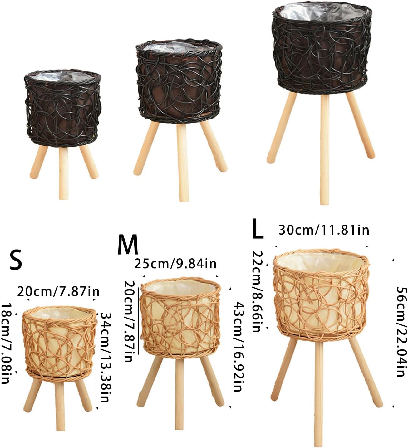 Rattan Plant Stand Stool with 3 Wood Legs Balcony Flower Pots Display 