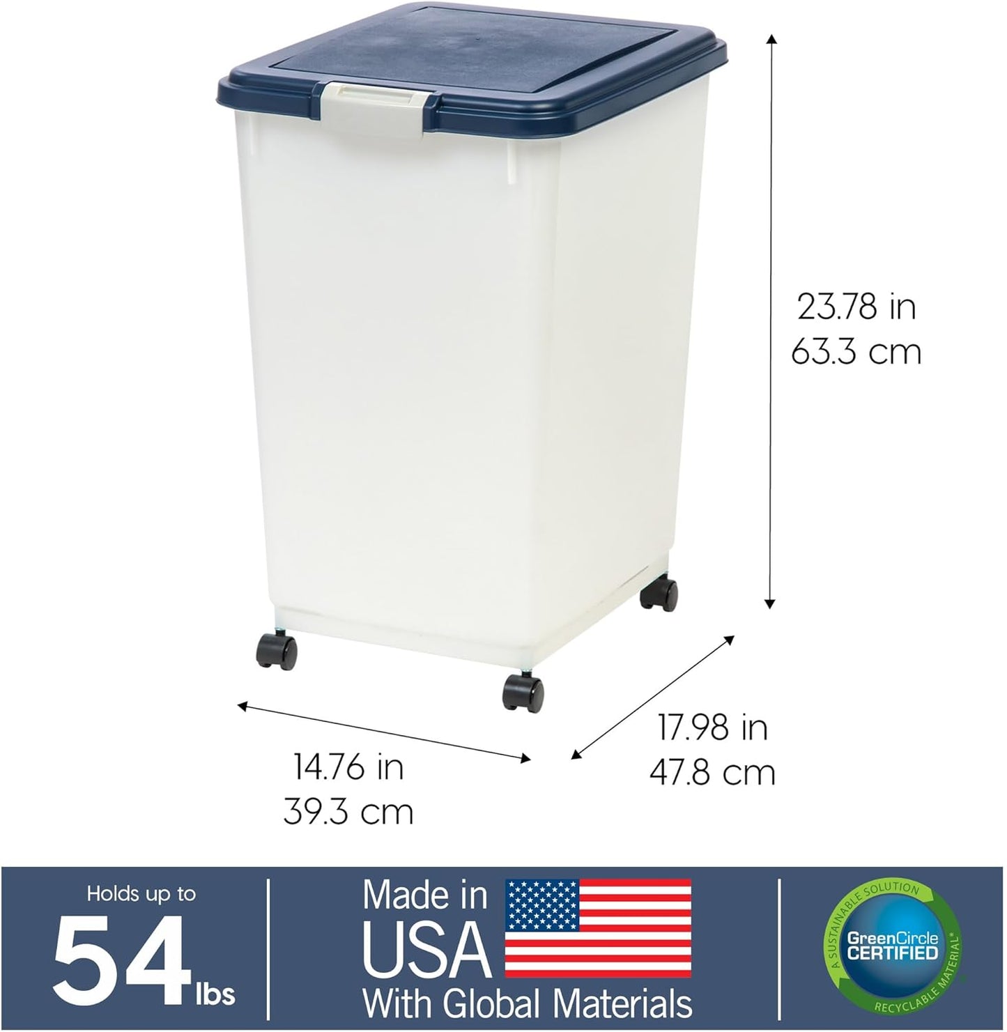 IRIS USA 54 lb + 38 lb Airtight Pet Food Storage Container Combo, Attachable Wheels, for Dog Cat Bird and Other Pet Food Storage Bin, Keep Fresh, Easy Mobility, BPA Free, Navy/Pearl