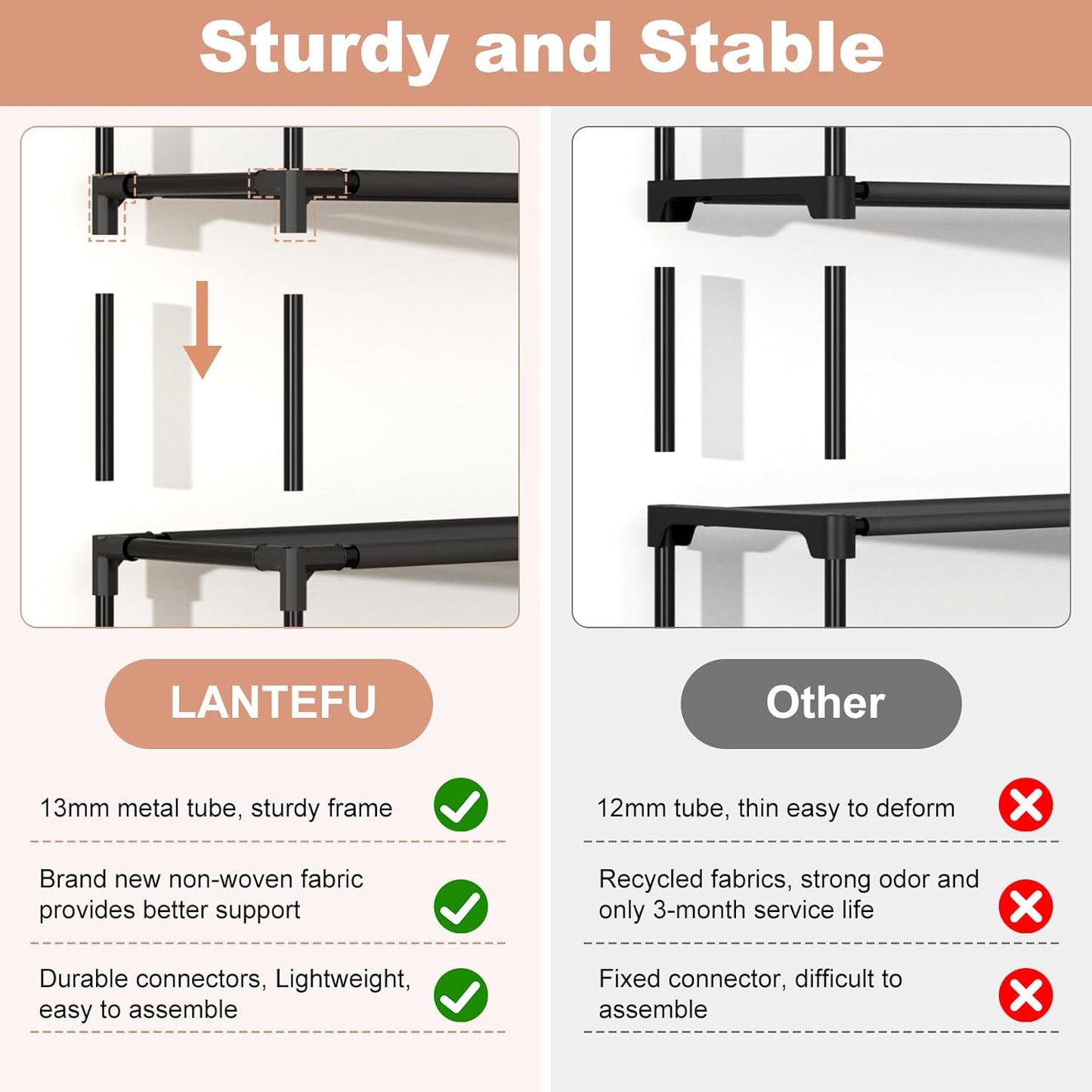 LANTEFUL 10 Tiers Tall Shoe Rack 20-25 Pairs Boots Organizer Storage Sturdy Narrow Shoe Shelf for Entryway, Closets with Hooks, Black