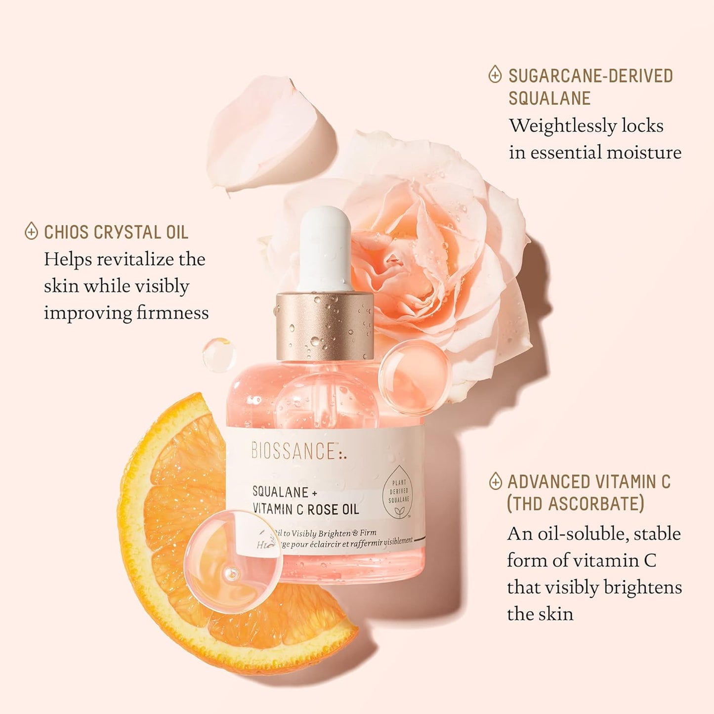 BIOSSANCE Squalane + Vitamin C Rose Advanced Facial Oil - Brightening,