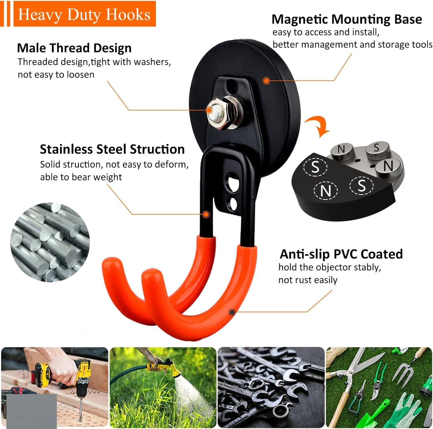 MUTUACTOR Magnetic Hooks Heavy Duty,Strong Anti-Slip Rubber Coated Magnet with Double Garage Hooks,Sturdy Utility Storage Hooks for Workbench Pegboard Garden Hose Toolbox(2PCS,J-Shape,Orange)