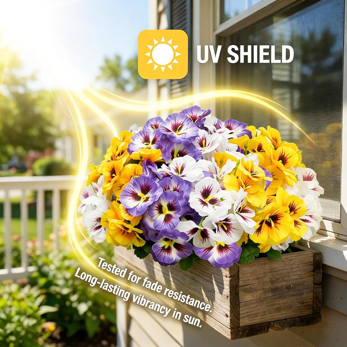 Artificial Flowers for Outdoor, 9 Bundles Silk Faux Pansies Fowers,UV Resistant Fake Pansy Flowers for Outdoor Planters Home Garden Office Patio Front (Yellow/Purple/White)