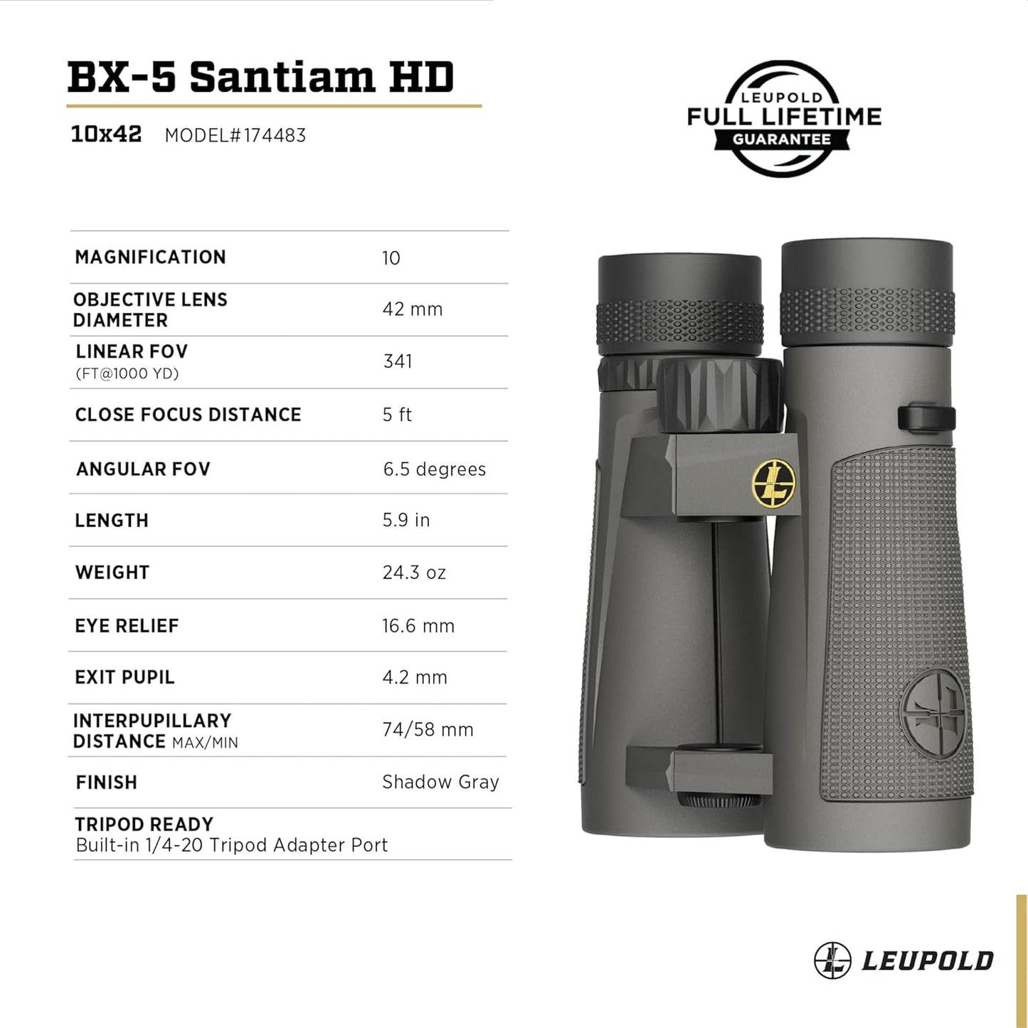 Leupold BX-5 Santiam HD Binoculars, 10x42mm (174483)