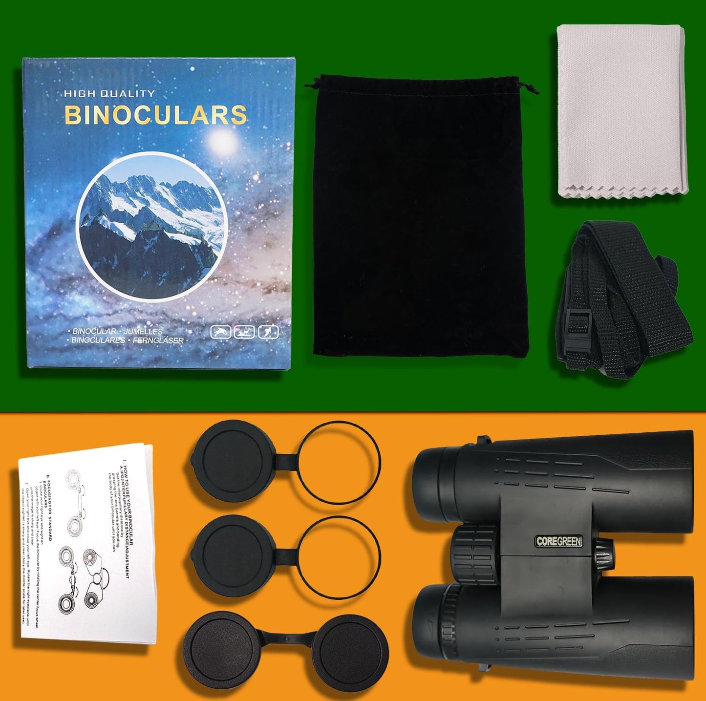10x42 HD Binoculars for Adults High Powered, Coregreen BAK-4 Prism FMC Lens Professional, Large View Binoculars with Clear Low Light Vision for Bird Watching Hunting Hiking Travel Cruise
