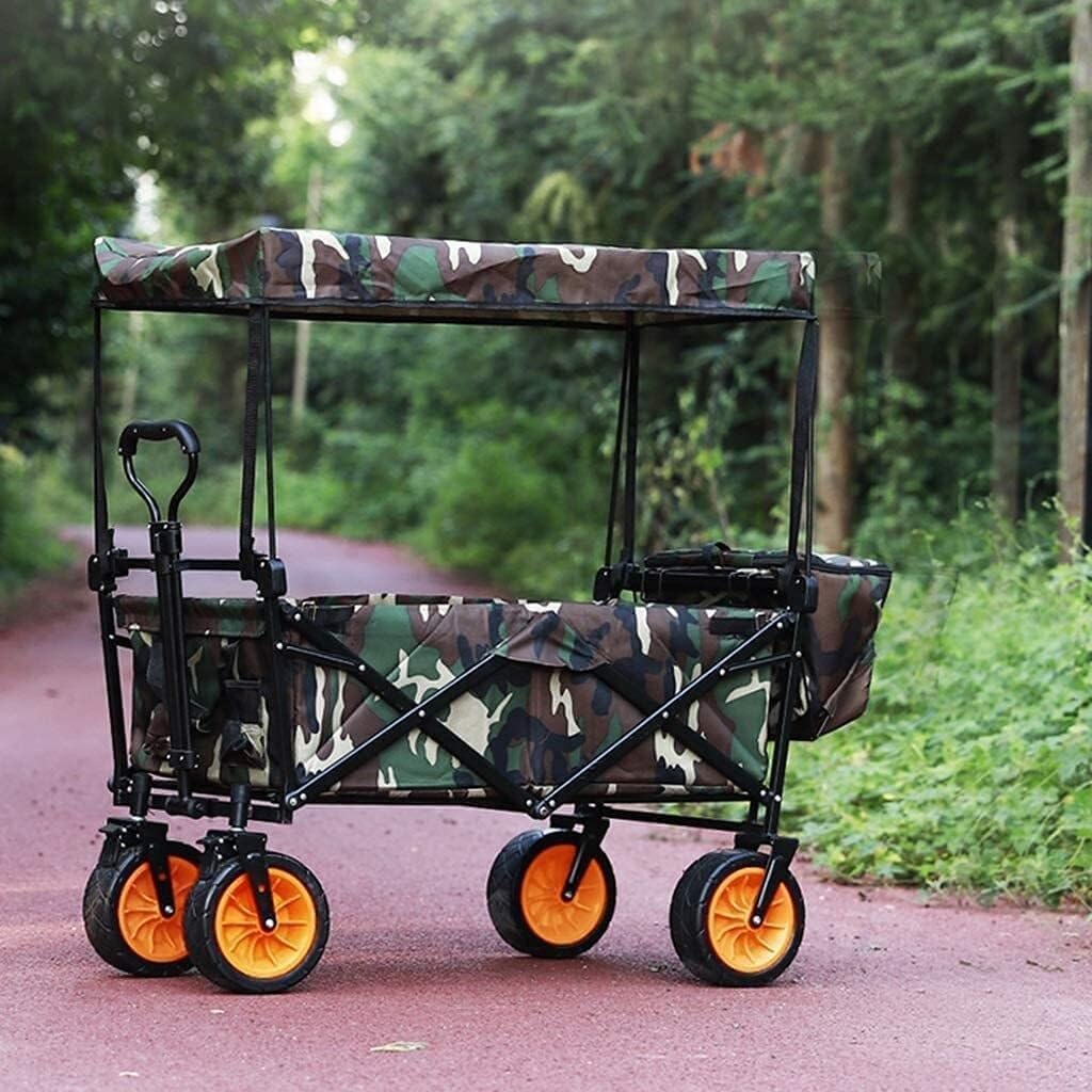 Outdoor Folding Utility Wagon with Removable Canopy, Foldable Beach Cart with Storage Basket, 80kg Load Capacity(Orange)