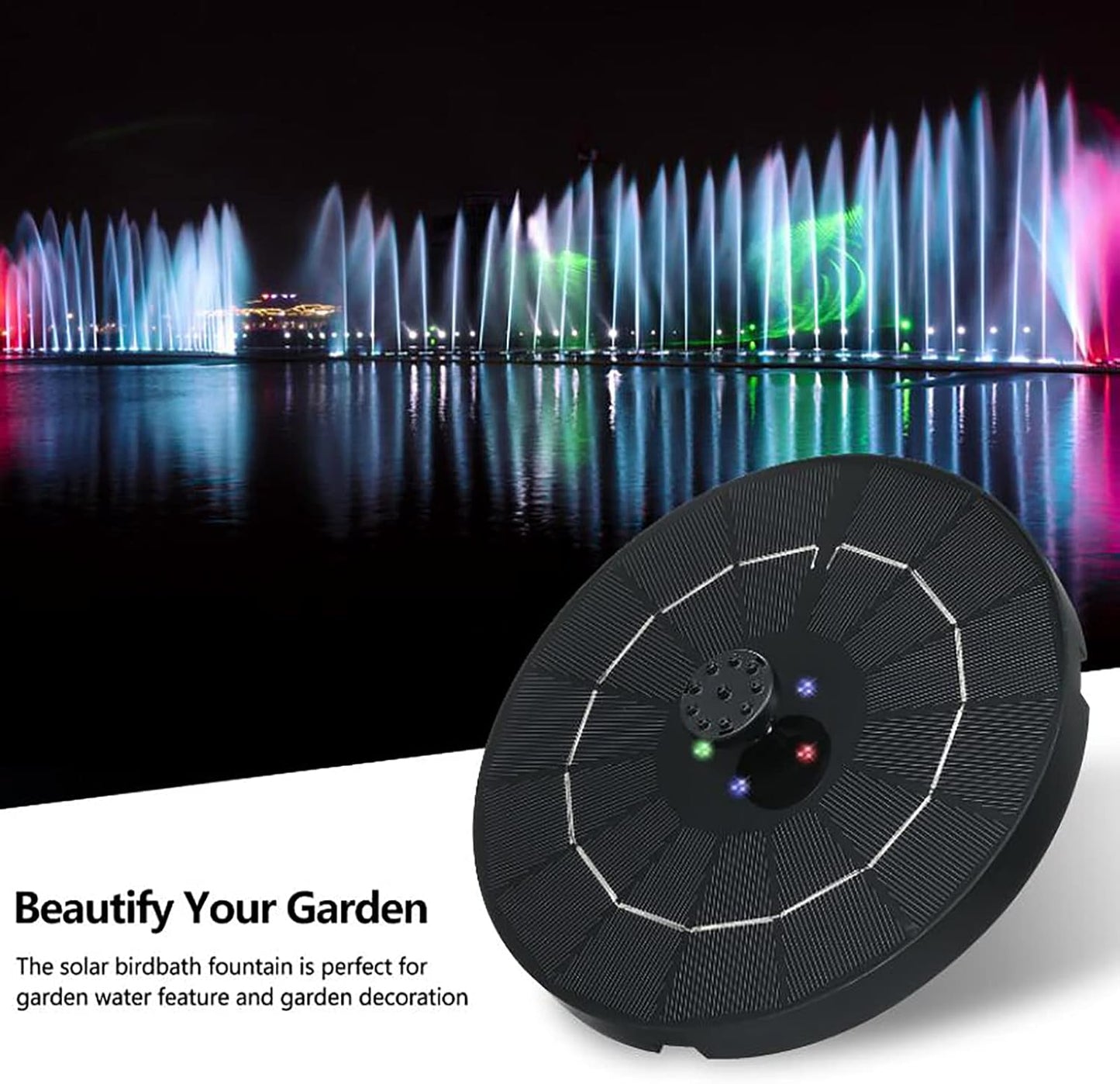 Solar Fountain with LED Lights Bird Bath Solar Water Fountain Floating Free Standing Solar Pond Pump with 6 Nozzles and 1800mah Battery Backup Solar Fountain for Garden Fish Tan-3.8w 19cm(7.48inch)